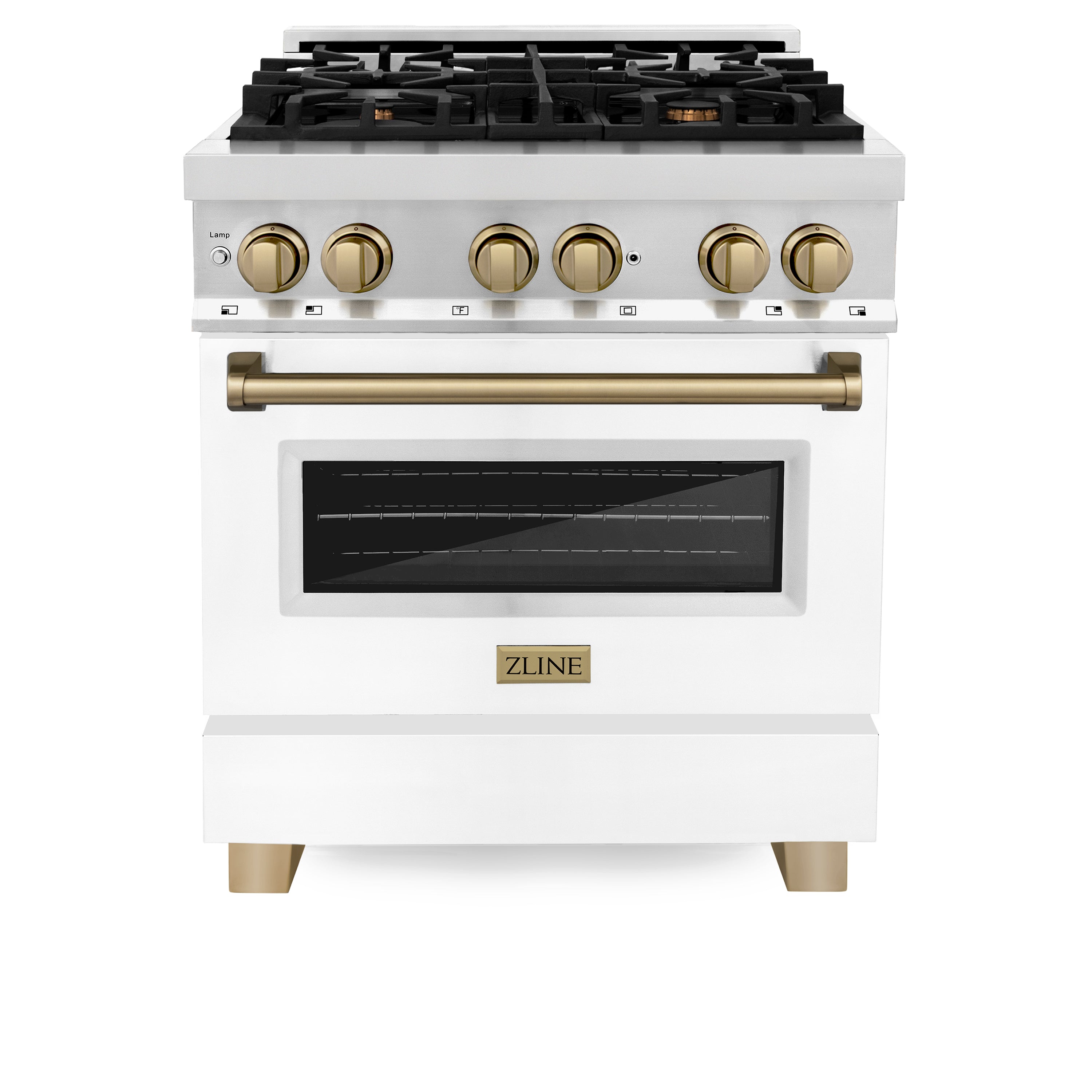 ZLINE Autograph Edition 30 in. 4.0 cu. ft. Legacy Dual Fuel Range with 4 Burner Gas Cooktop and Electric Convection Oven in Stainless Steel and Champagne Bronze Accents (RAZ-30-CB)