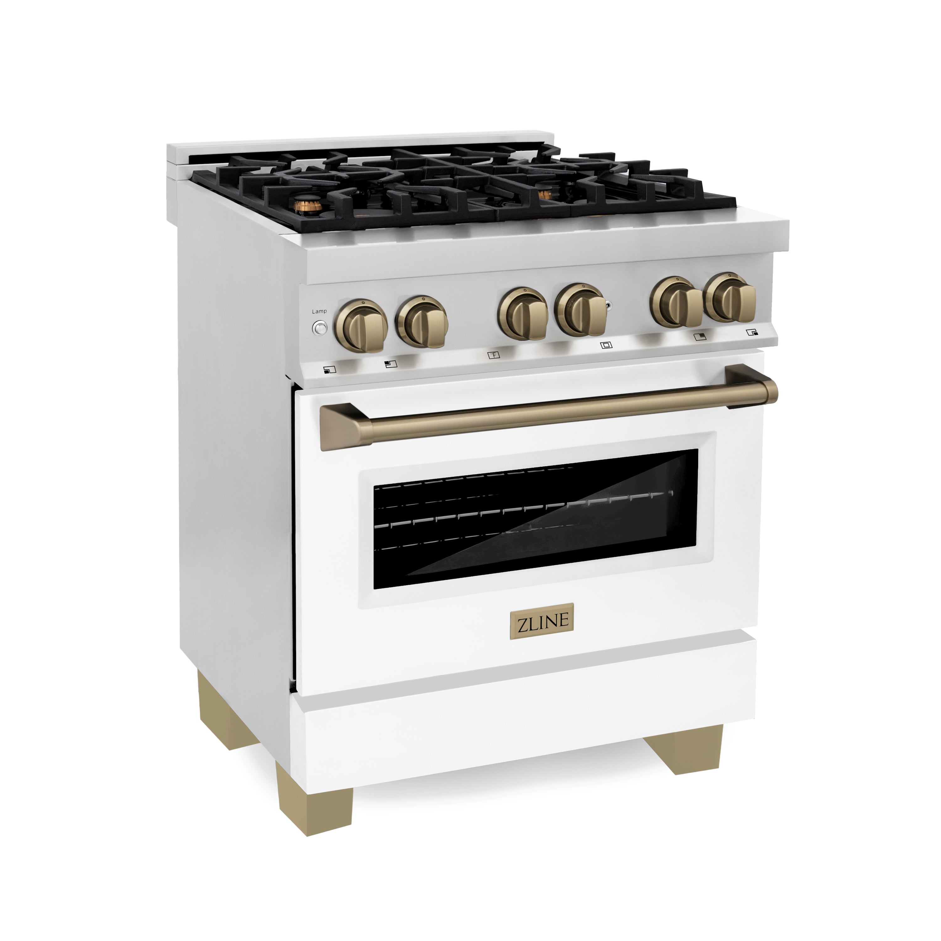 ZLINE Autograph Edition 30 in. 4.0 cu. ft. Legacy Dual Fuel Range with 4 Burner Gas Cooktop and Electric Convection Oven in Stainless Steel and Champagne Bronze Accents (RAZ-30-CB)