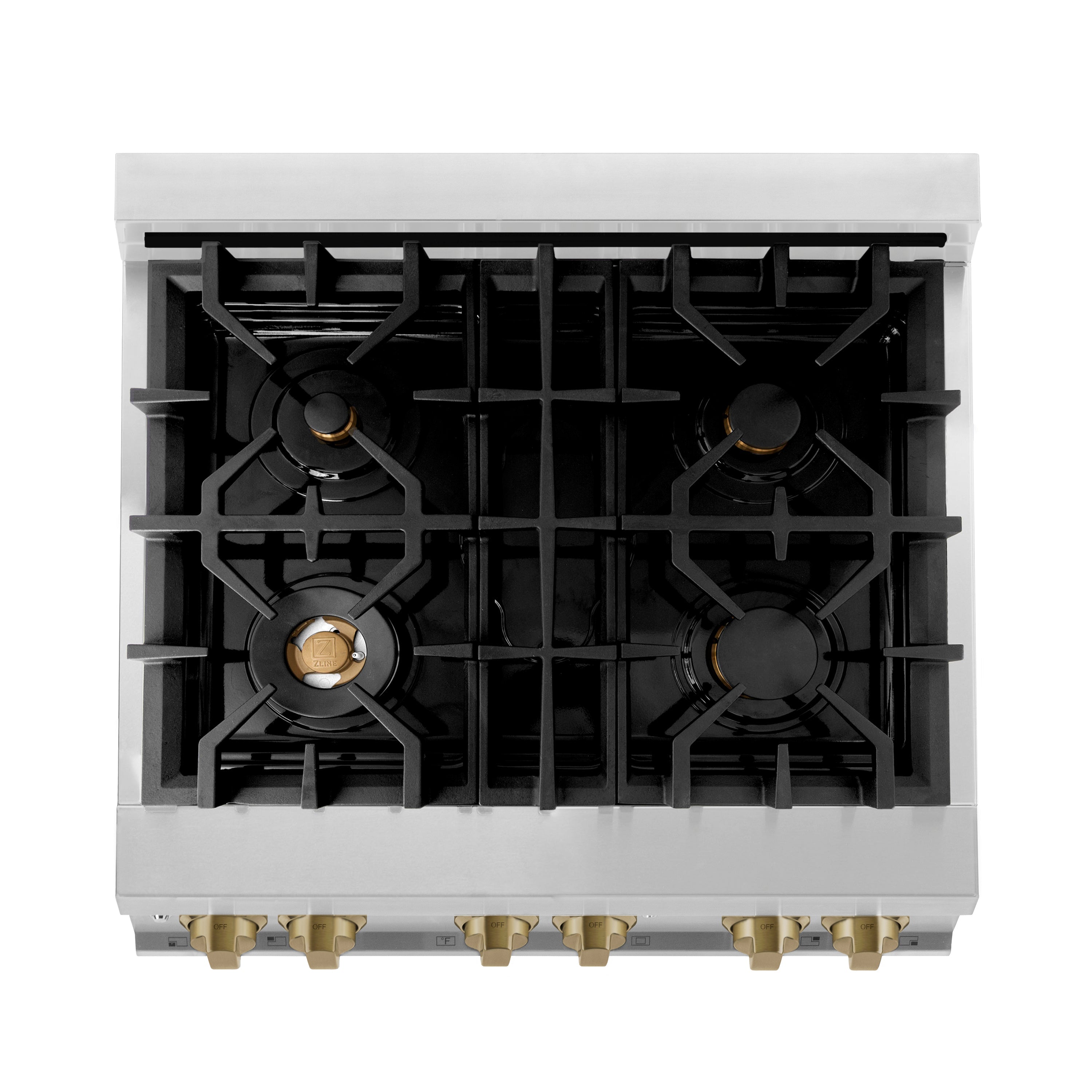 ZLINE Autograph Edition 30 in. 4.0 cu. ft. Legacy Dual Fuel Range with 4 Burner Gas Cooktop and Electric Convection Oven in Stainless Steel and Champagne Bronze Accents (RAZ-30-CB)