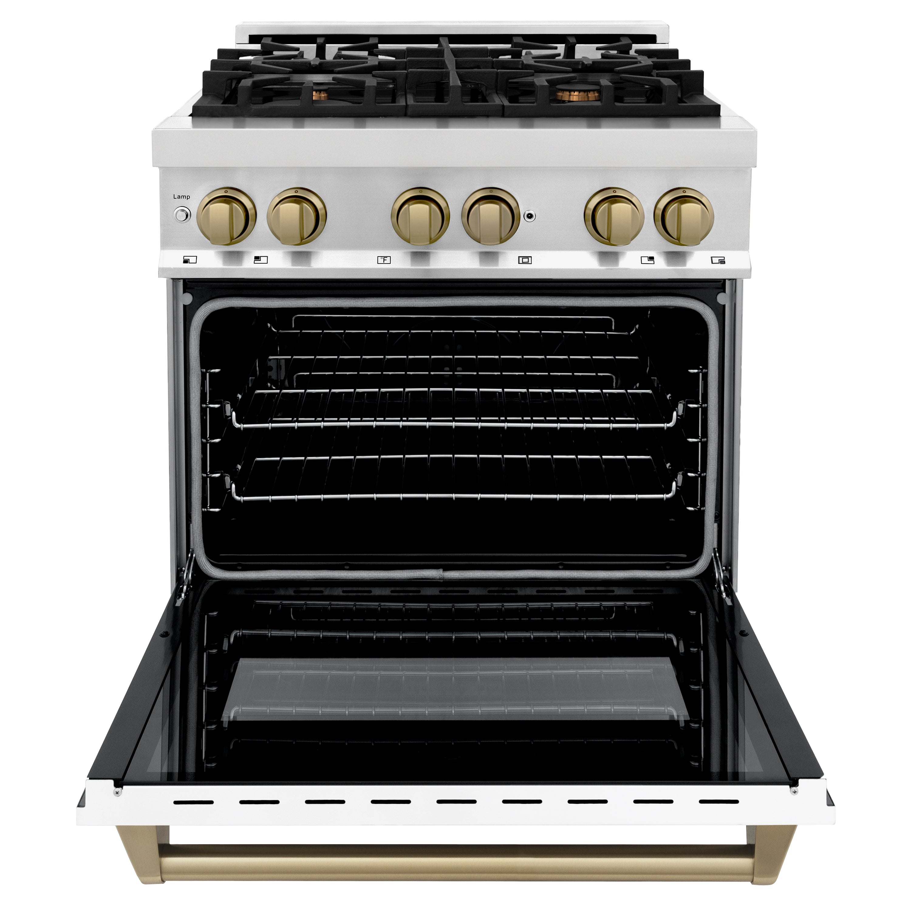 ZLINE Autograph Edition 30 in. 4.0 cu. ft. Legacy Dual Fuel Range with 4 Burner Gas Cooktop and Electric Convection Oven in Stainless Steel and Champagne Bronze Accents (RAZ-30-CB)