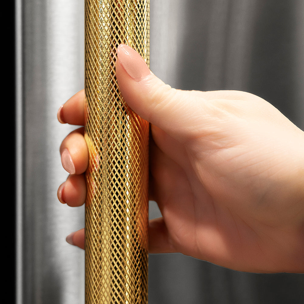 ZLINE Autograph Edition 36 in. 21.6 cu. ft. Counter-Depth French Door Refrigerator with Water and Ice Dispenser in Fingerprint-Resistant Stainless Steel with Polished Gold Helix Handles (RFMZ-W-36-KG)