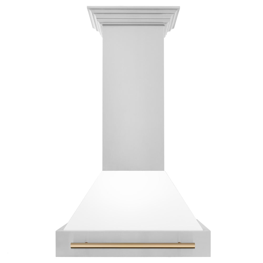 ZLINE Autograph Edition 30 in. Stainless Steel Range Hood with White Matte Shell and Champagne Bronze Handle
