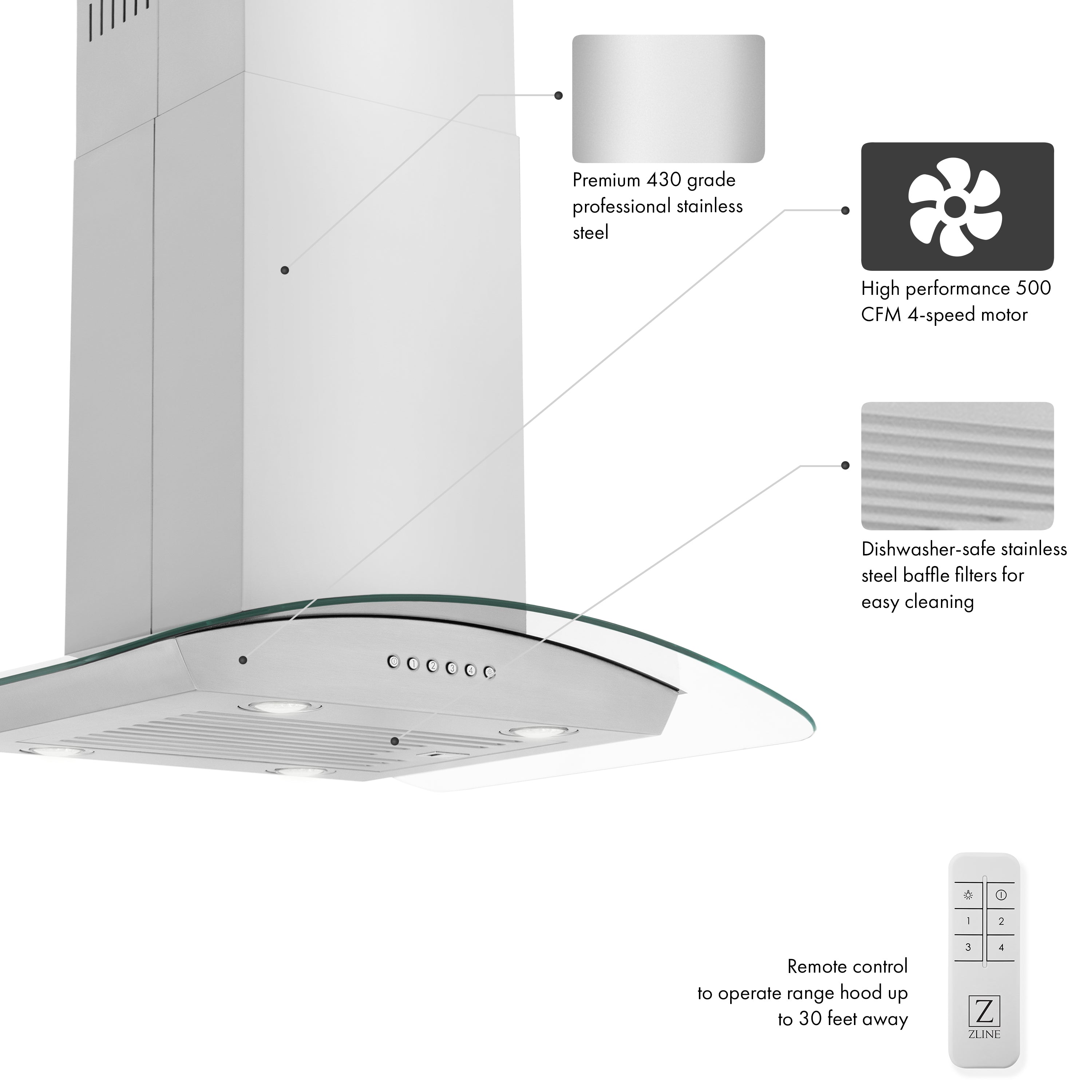 ZLINE 30â Alpine Series Convertible Island Mount Range Hood in Stainless Steel with Remote Control, LED lighting, and Dishwasher-Safe Baffle Filters (ALP70IS-30)