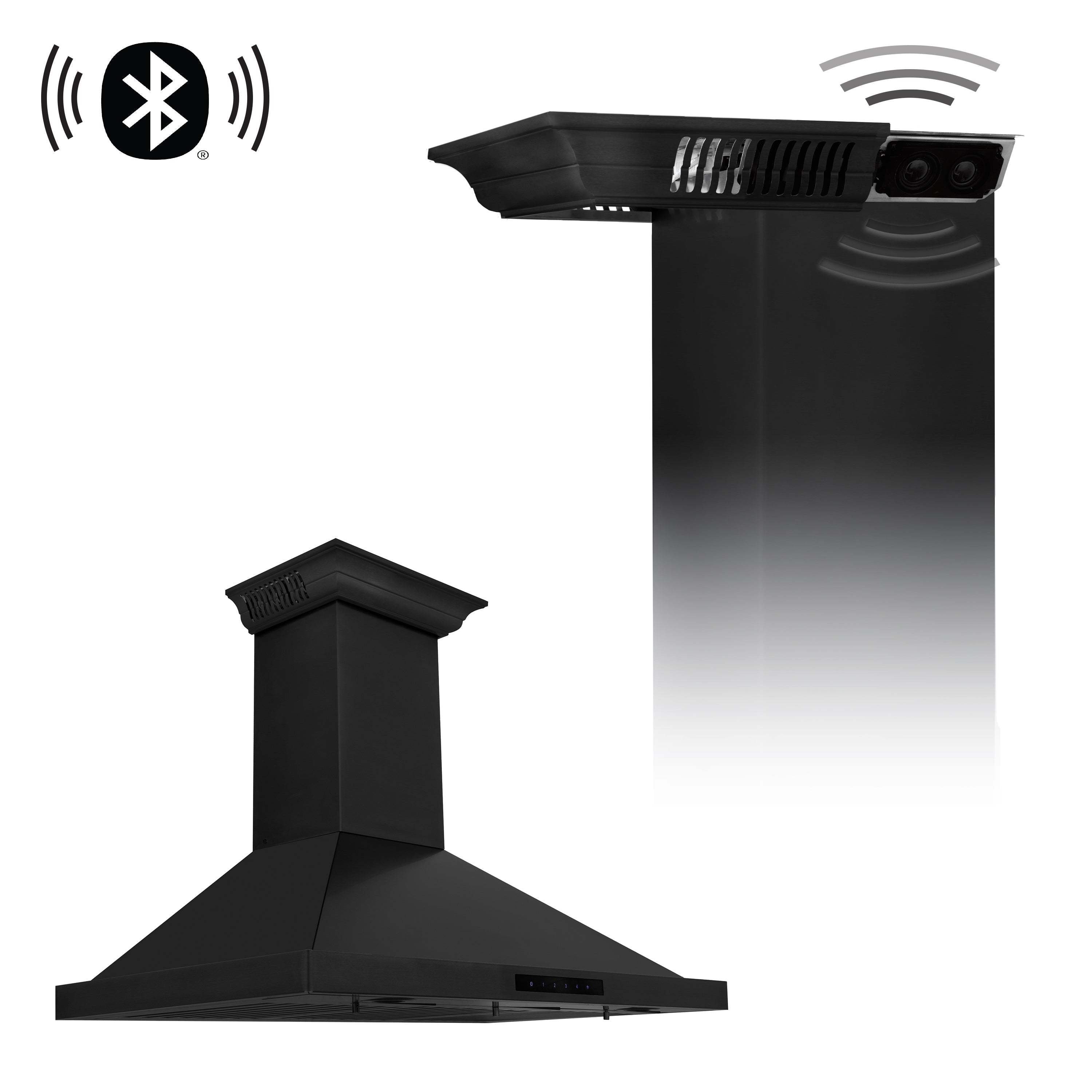 36" ZLINE CrownSoundâ¢Ducted Vent Wall Mount Range Hood in Black Stainless Steel with Built-in Bluetooth Speakers (BSKBNCRN-BT-36)