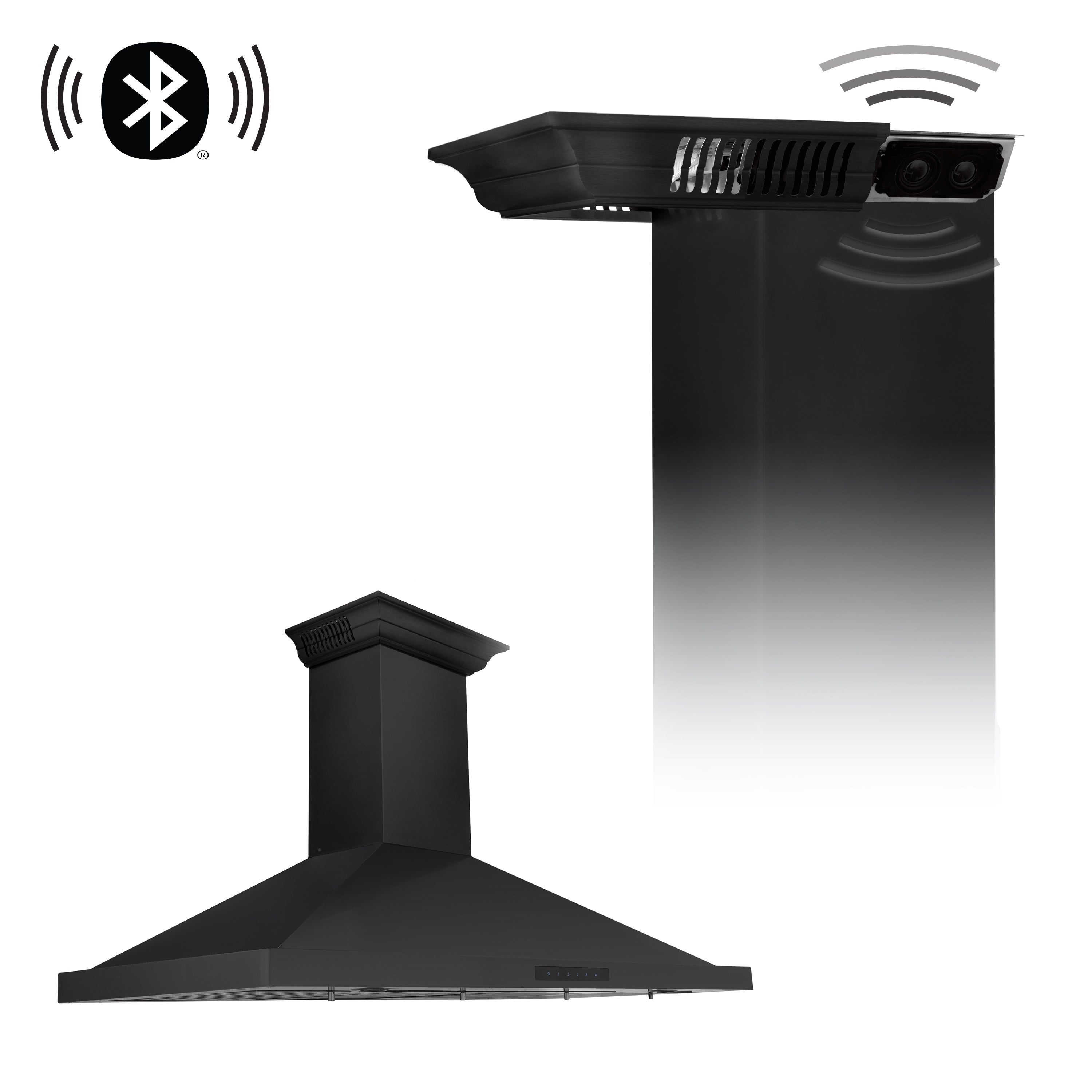 48" ZLINE CrownSoundâ¢Ducted Vent Wall Mount Range Hood in Black Stainless Steel with Built-in Bluetooth Speakers (BSKBNCRN-BT-48)