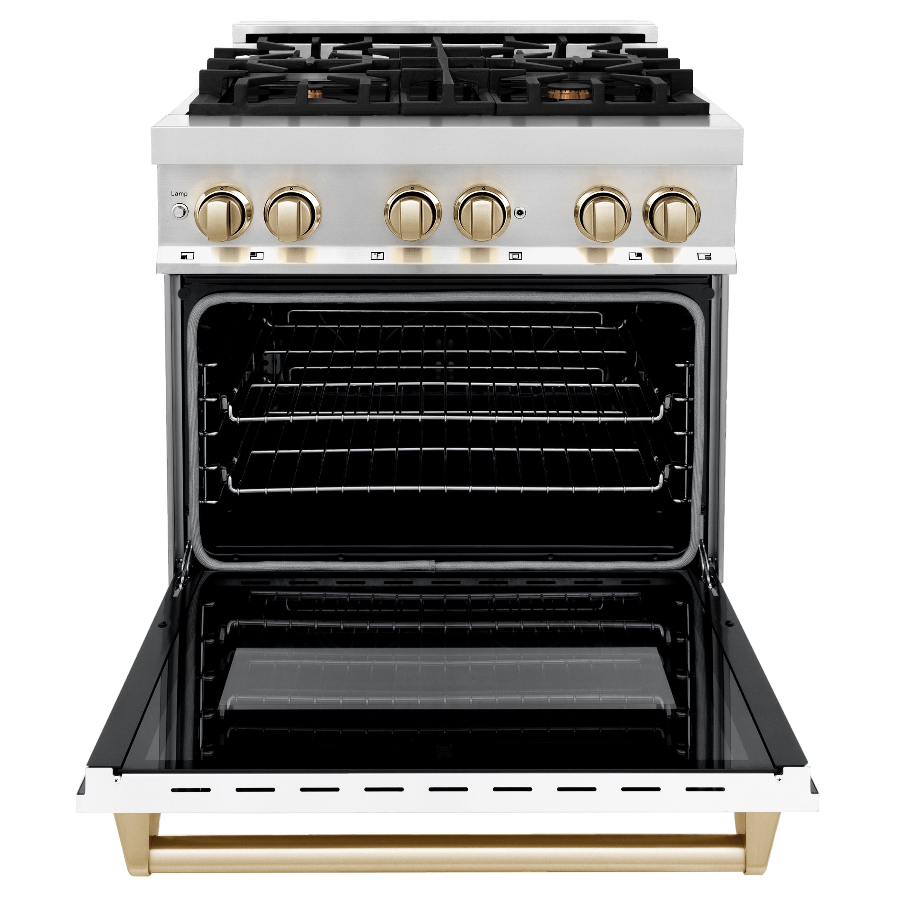 ZLINE Autograph Edition 30 in. 4.0 cu. ft. Legacy Dual Fuel Range with 4 Burner Gas Cooktop and Electric Convection Oven in Stainless Steel and Champagne Bronze Accents (RAZ-30-CB)