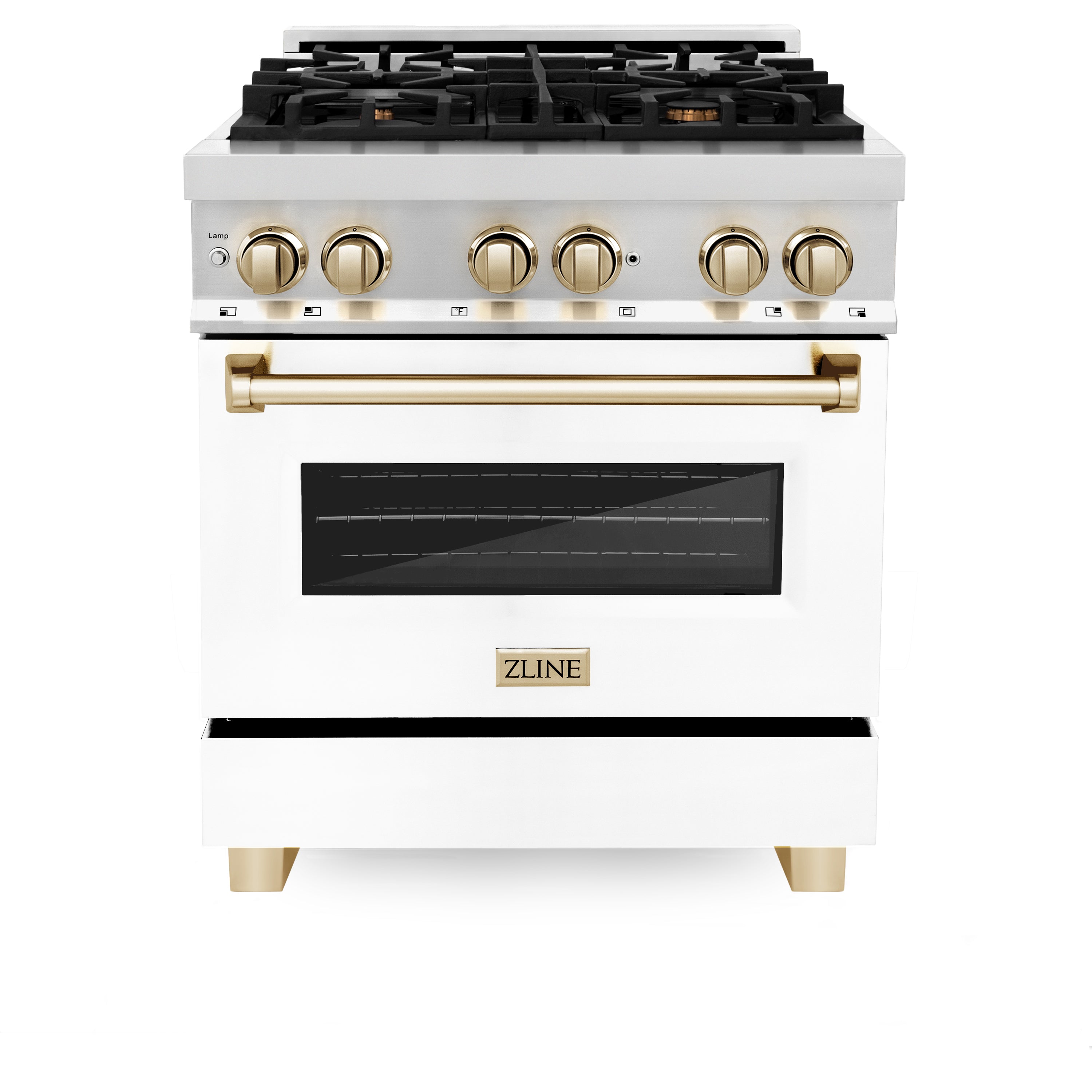 ZLINE Autograph Edition 30 in. 4.0 cu. ft. Legacy Dual Fuel Range with 4 Burner Gas Cooktop and Electric Convection Oven in Stainless Steel and Champagne Bronze Accents (RAZ-30-CB)