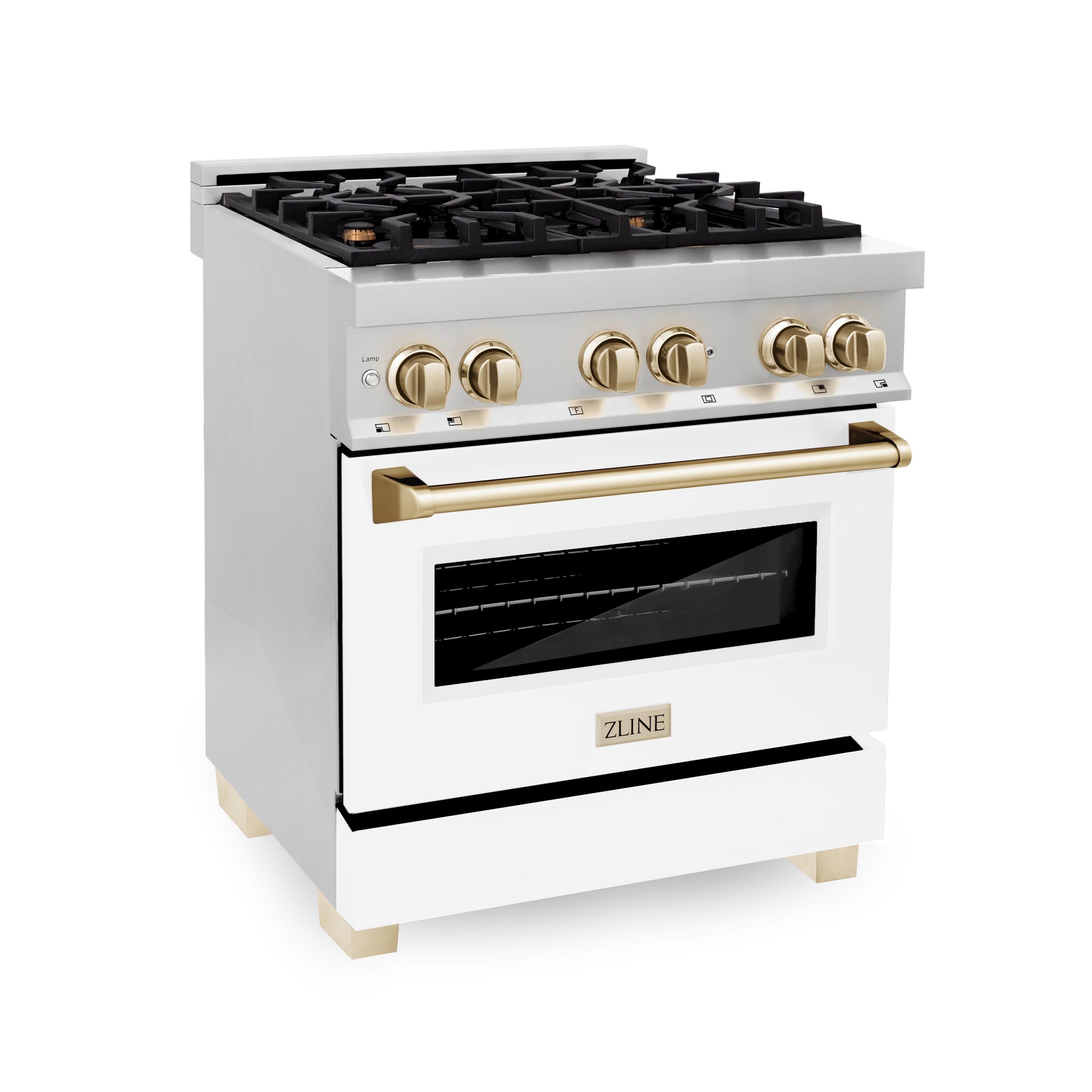 ZLINE Autograph Edition 30 in. 4.0 cu. ft. Legacy Dual Fuel Range with 4 Burner Gas Cooktop and Electric Convection Oven in Stainless Steel and Champagne Bronze Accents (RAZ-30-CB)