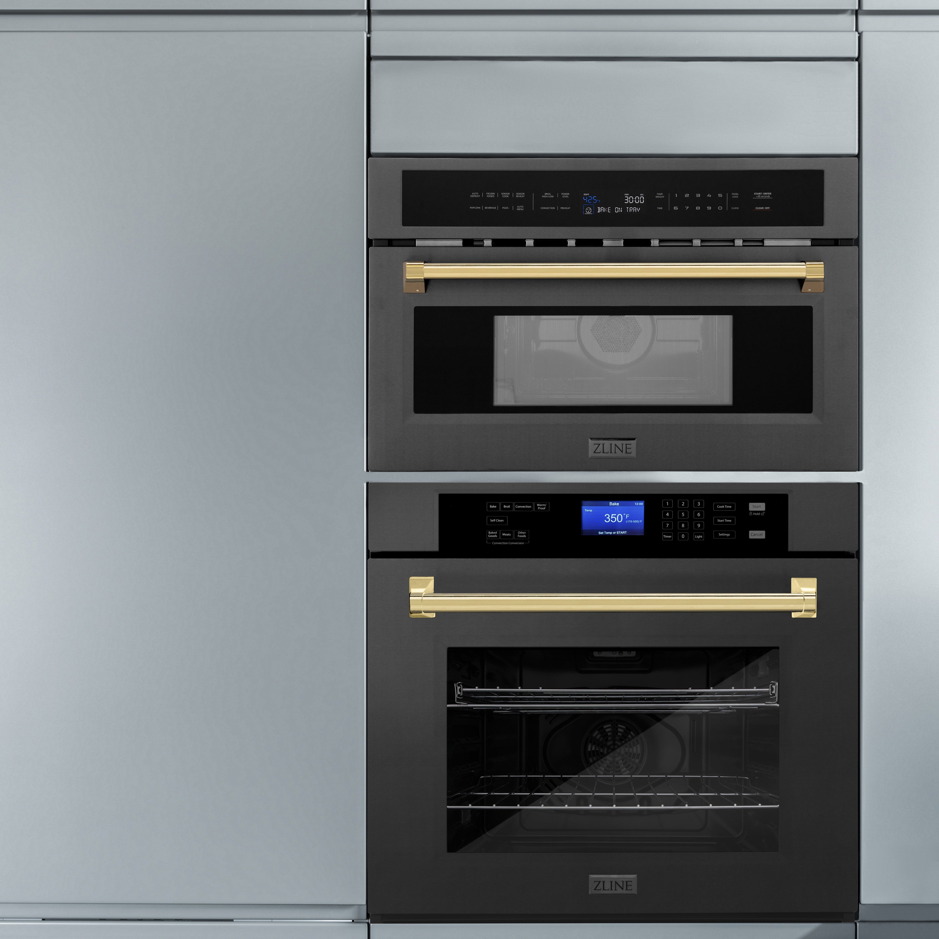 ZLINE Autograph Edition 30” 1.6 cu ft. Built-in Convection Microwave Oven in Black Stainless Steel and Polished Gold Accents (MWOZ-30-BS-G)
