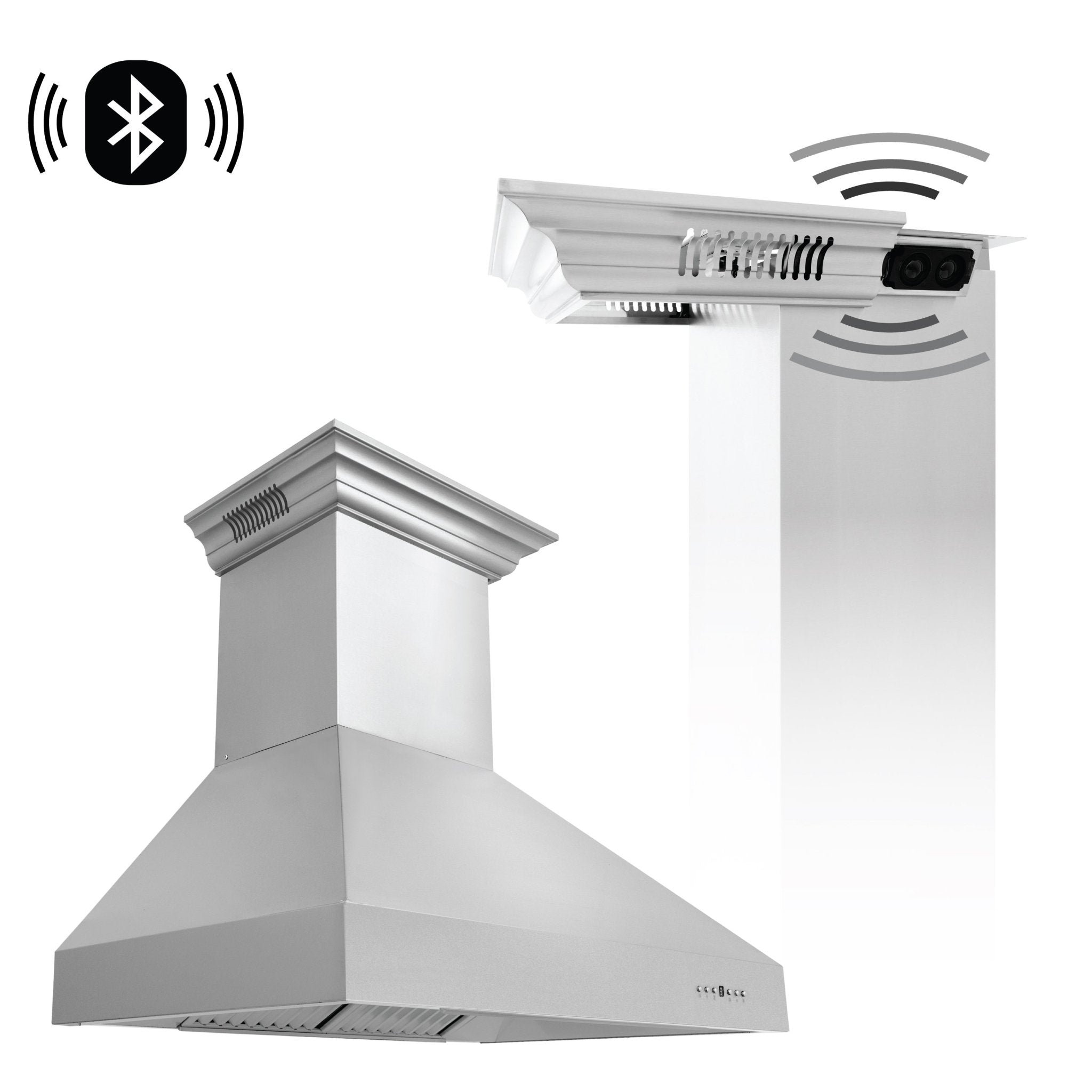 48" ZLINE CrownSoundâ¢Ducted Vent Wall Mount Range Hood in Stainless Steel with Built-in Bluetooth Speakers (667CRN-BT-48)