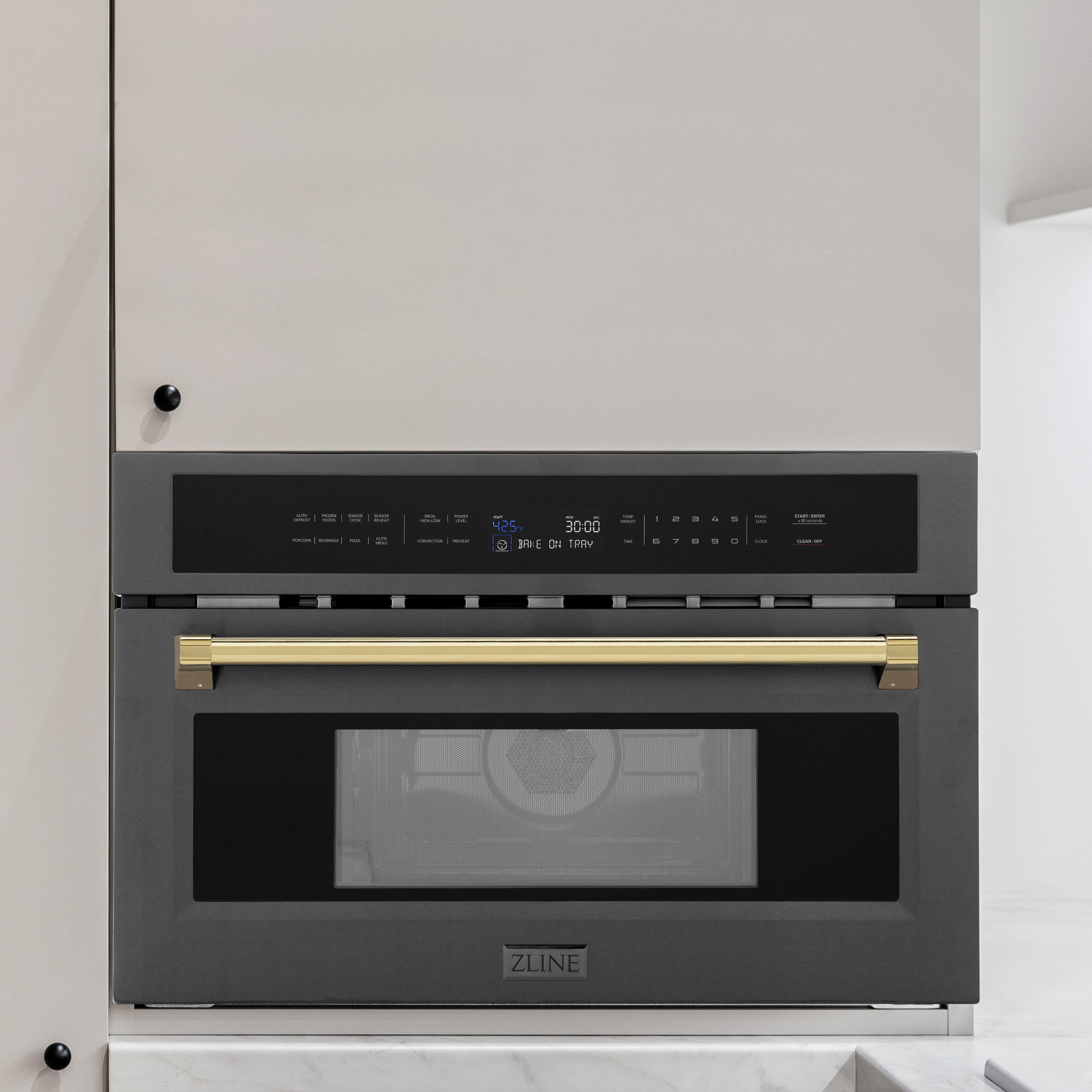 ZLINE Autograph Edition 30” 1.6 cu ft. Built-in Convection Microwave Oven in Black Stainless Steel and Polished Gold Accents (MWOZ-30-BS-G)