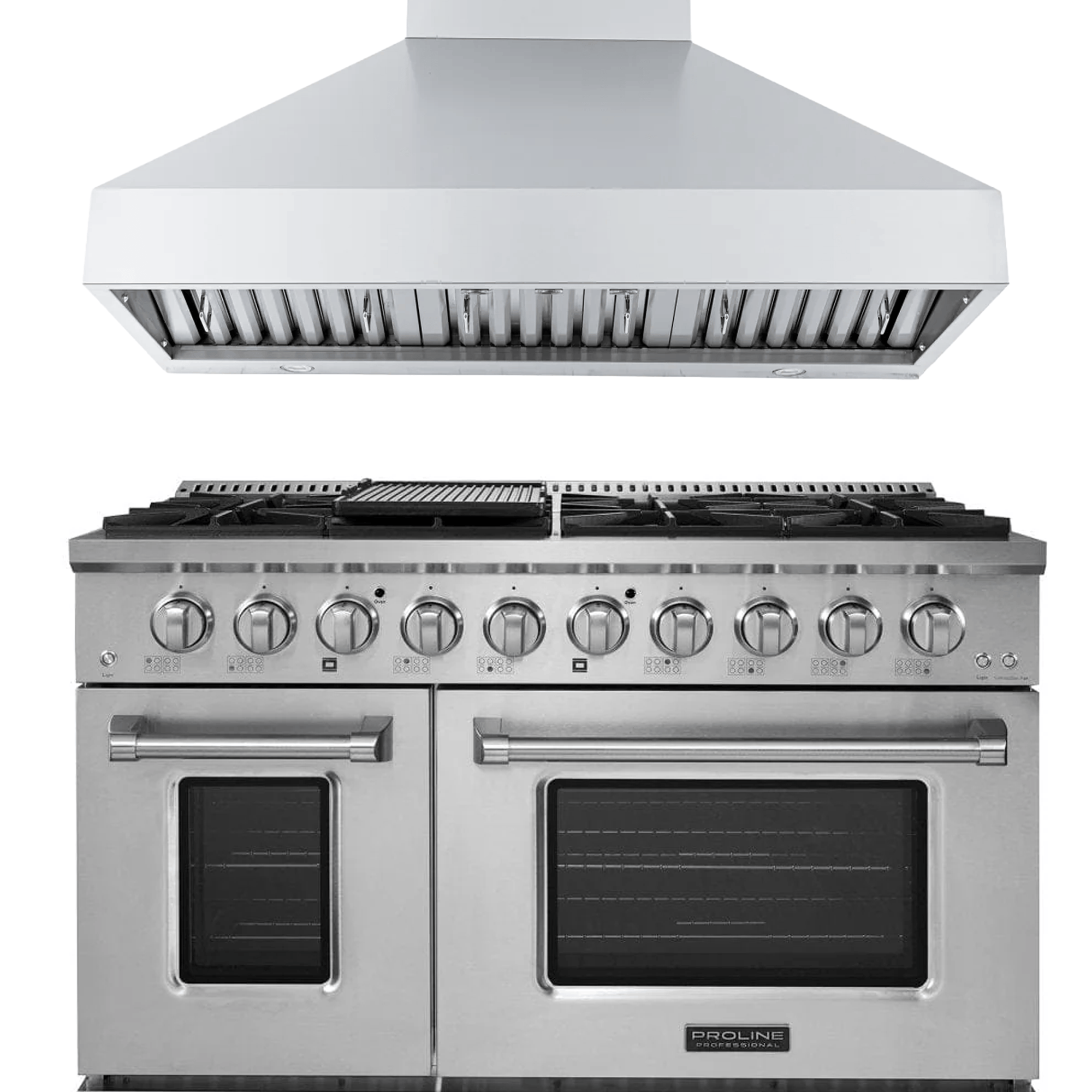 The Proline PLSR 48" Range & PLJW 104 48" Hood—save 10% at ProlineRangeHoods.com. Double ovens, 8 burners.