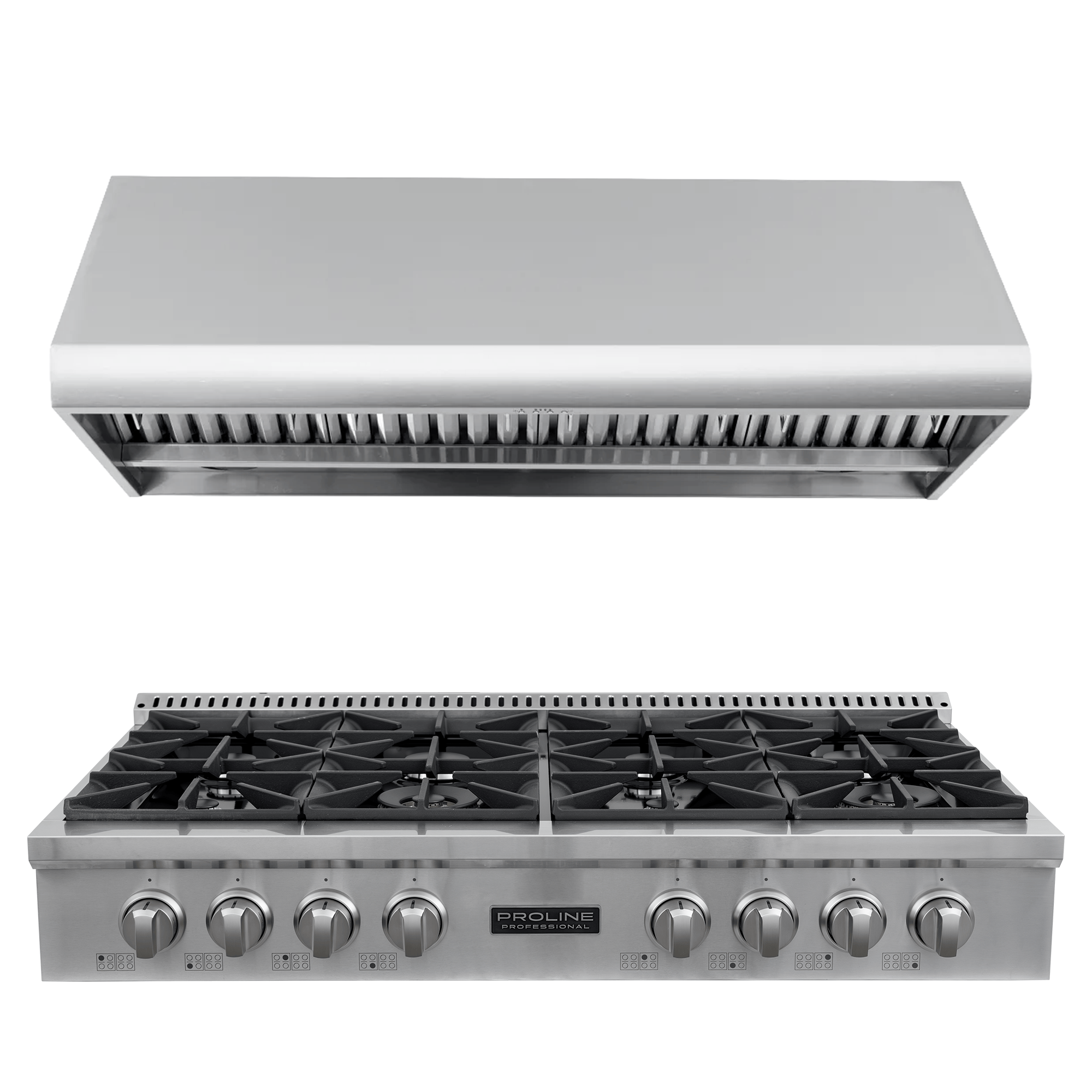 The ProlineRangeHoods.com PLST 48" Gas Range & PLJW 109 Hood Bundle has six burners, knobs & saves you 10%.