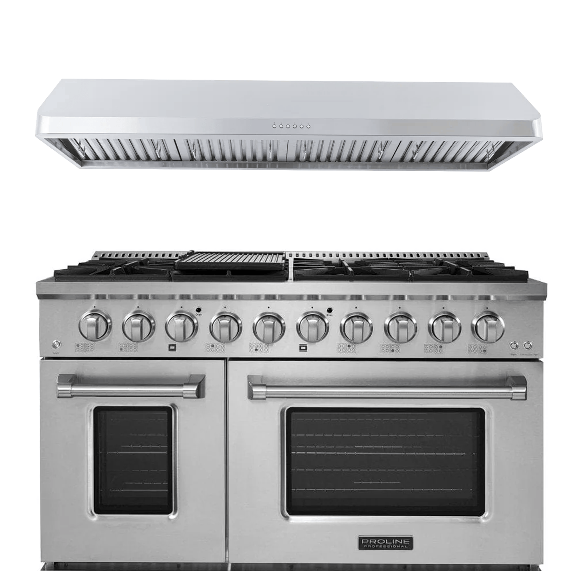 Save 10% at ProlineRangeHoods.com on the PLSR 48" Range & PLJW 121 Hood bundle—dual ovens, 8 burners.