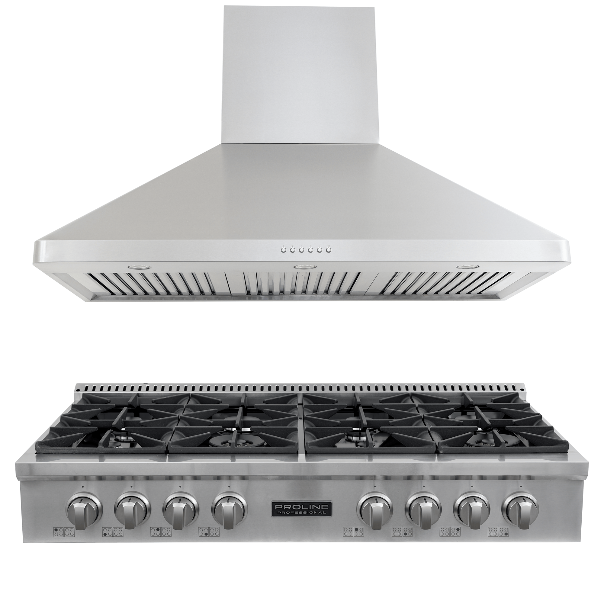 ProlineRangeHoods.com PLST 48" Gas Range & PLJW 129 Hood bundle, 8 burners, control knobs, stainless hood, front view.