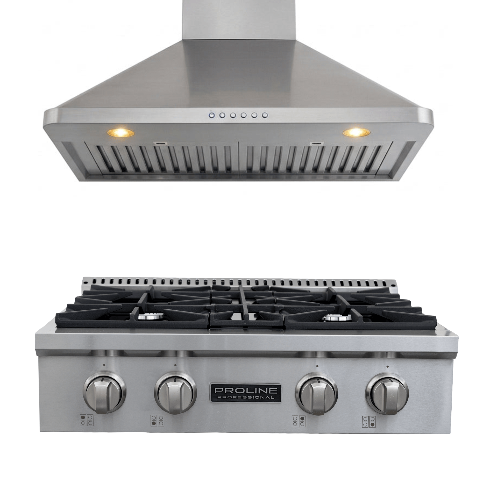 Proline PLST 30" Gas Range & PLJW 129 Hood: 4 burners, LED lights, stainless—save 10% at ProlineRangeHoods.com.