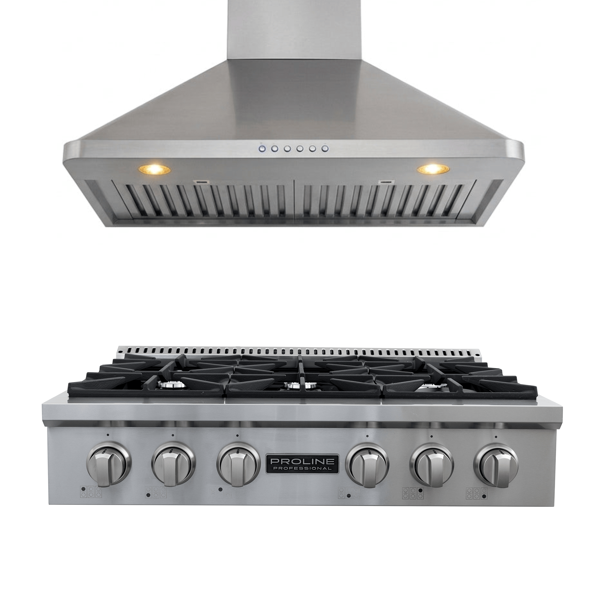ProlineRangeHoods.com: PLST 36" Gas Range & PLJW 129 Hood with 6 burners, easy knobs, lights, and 10% savings for kitchens.