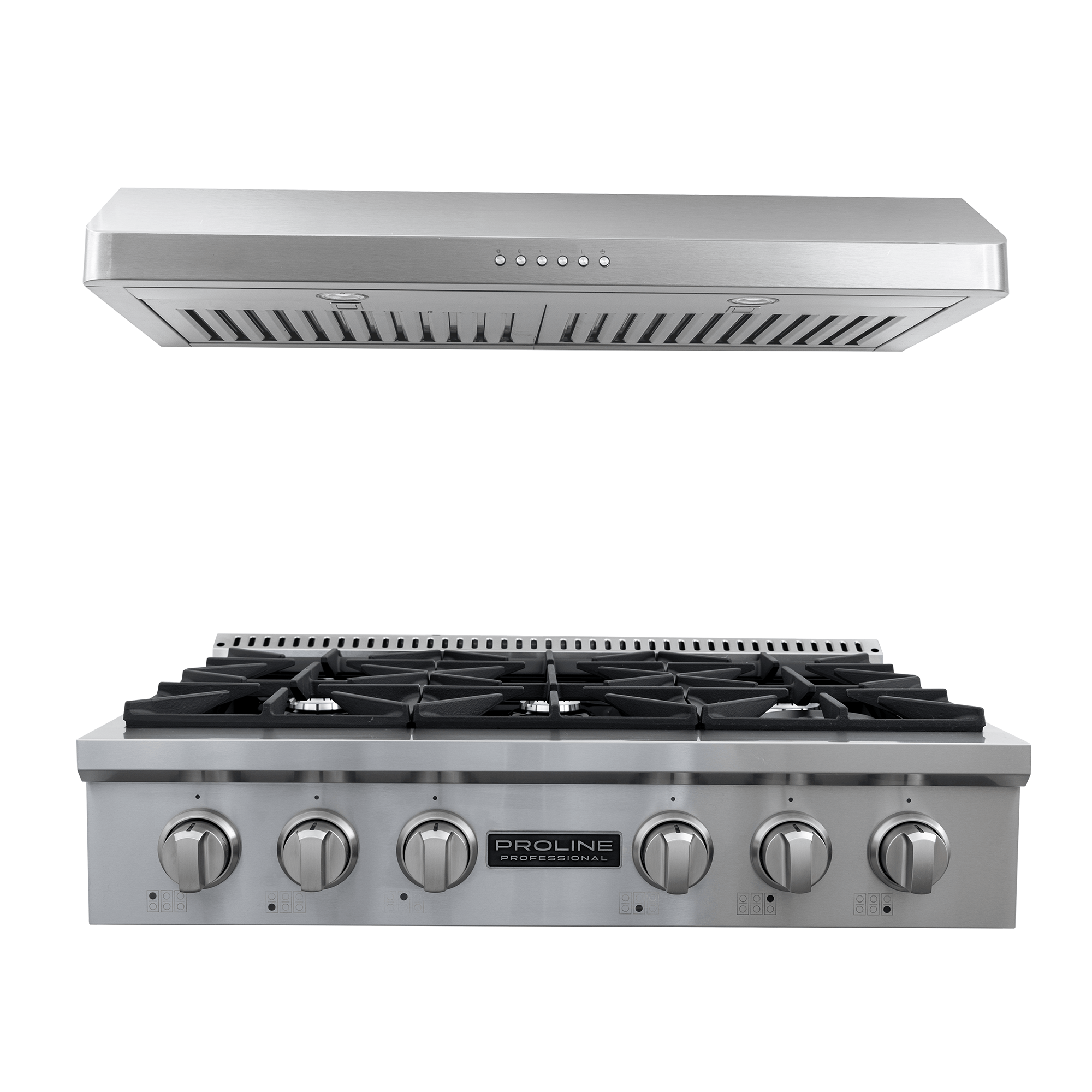 Save 10% on the Proline PLST 36" gas range & PLJW 185 hood at ProlineRangeHoods.com—six burners, seamless style.