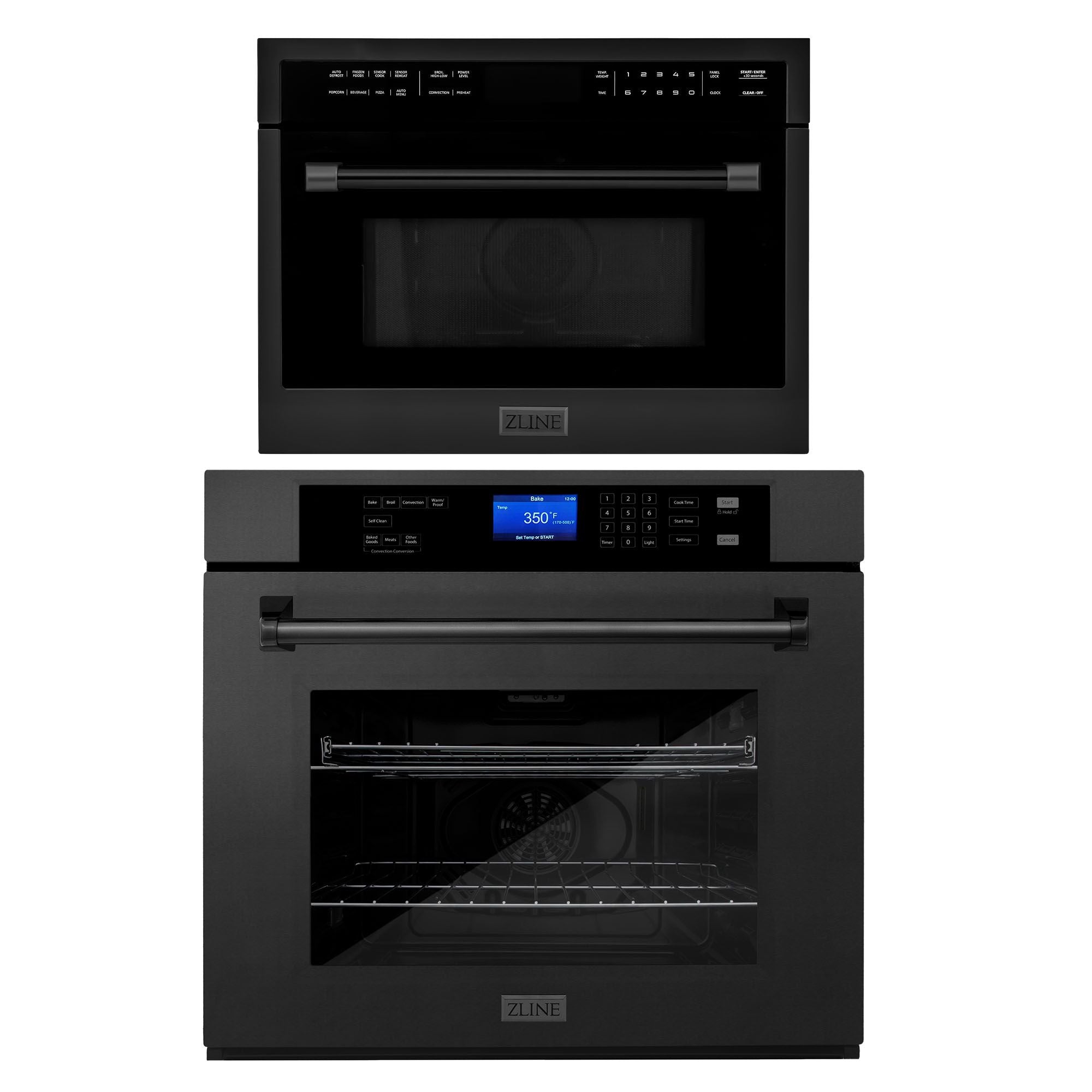 ZLINE Black Stainless Steel 24" Built-in Convection Microwave Oven and 30" Single Wall Oven with Self Clean