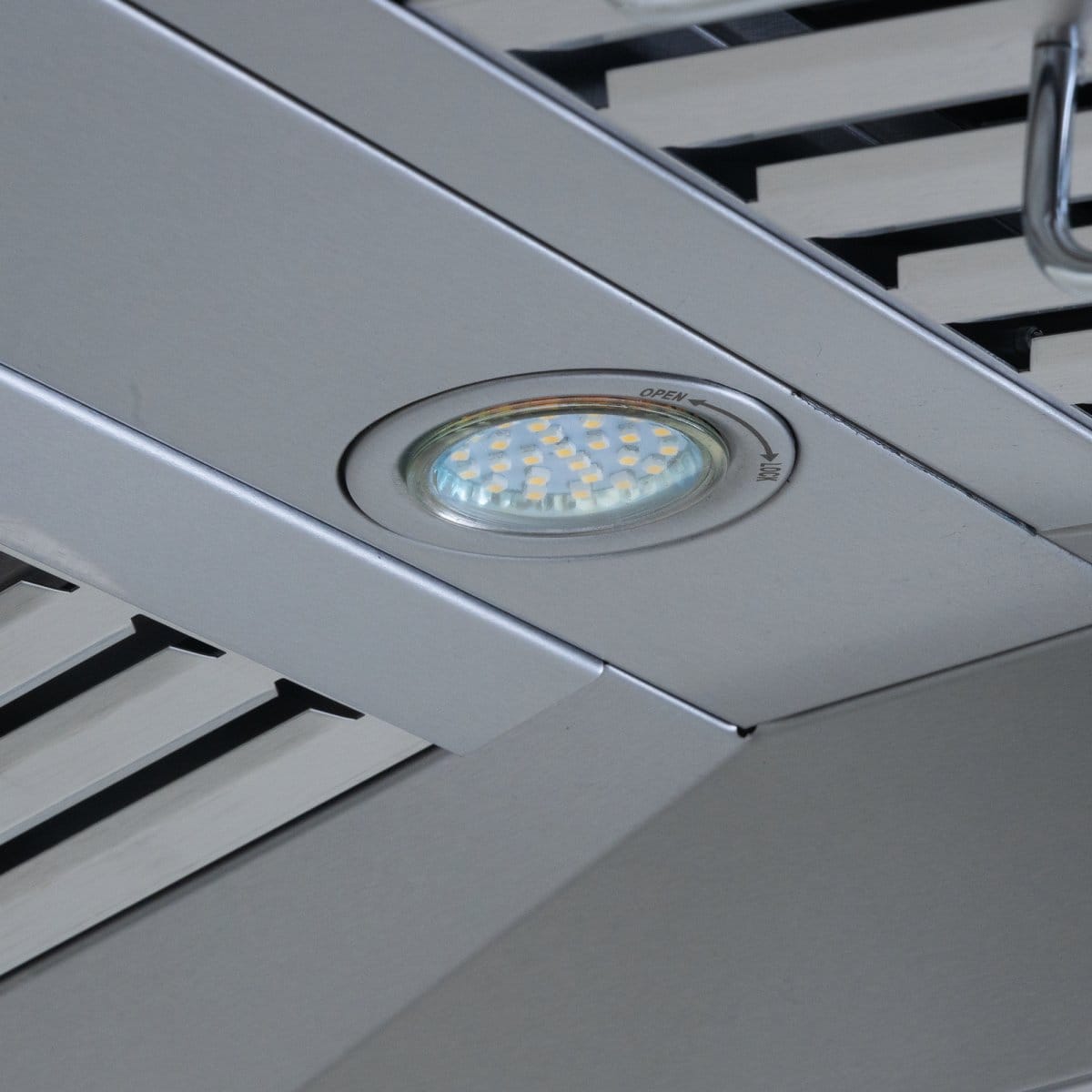 Close-up of the Proline PLFI 755 Island Range Hood at ProlineRangeHoods.com, featuring a sleek design and efficient ventilation.