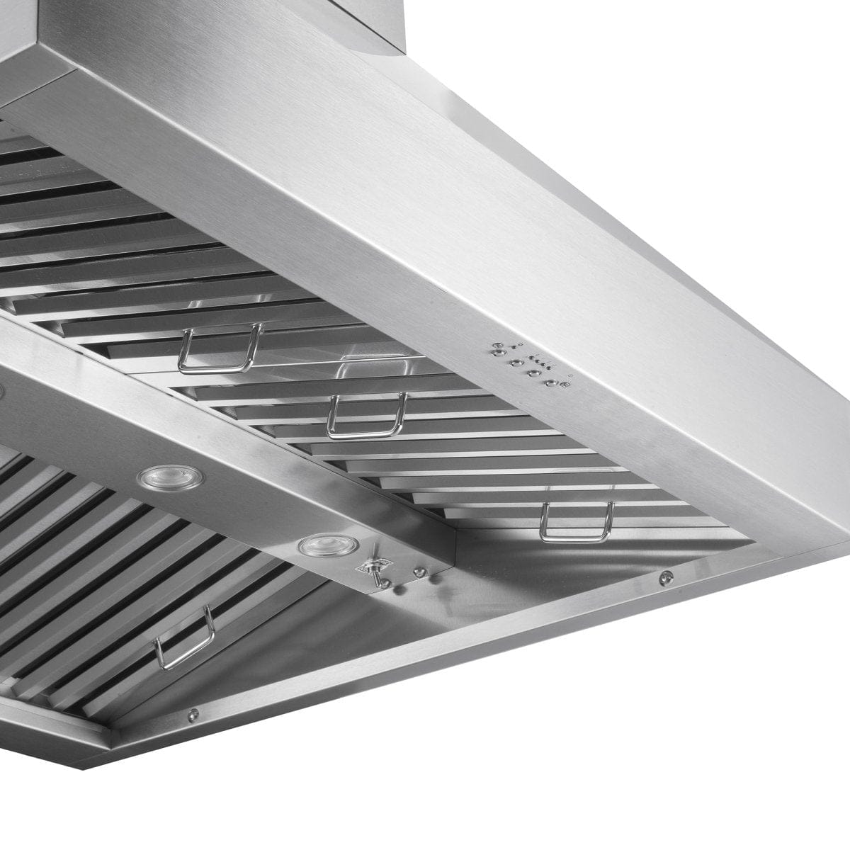 Close-up of Proline PLJI 103 Island Range Hood in stainless steel, vents, lights, controls; 1200 CFM. ProlineRangeHoods.com.