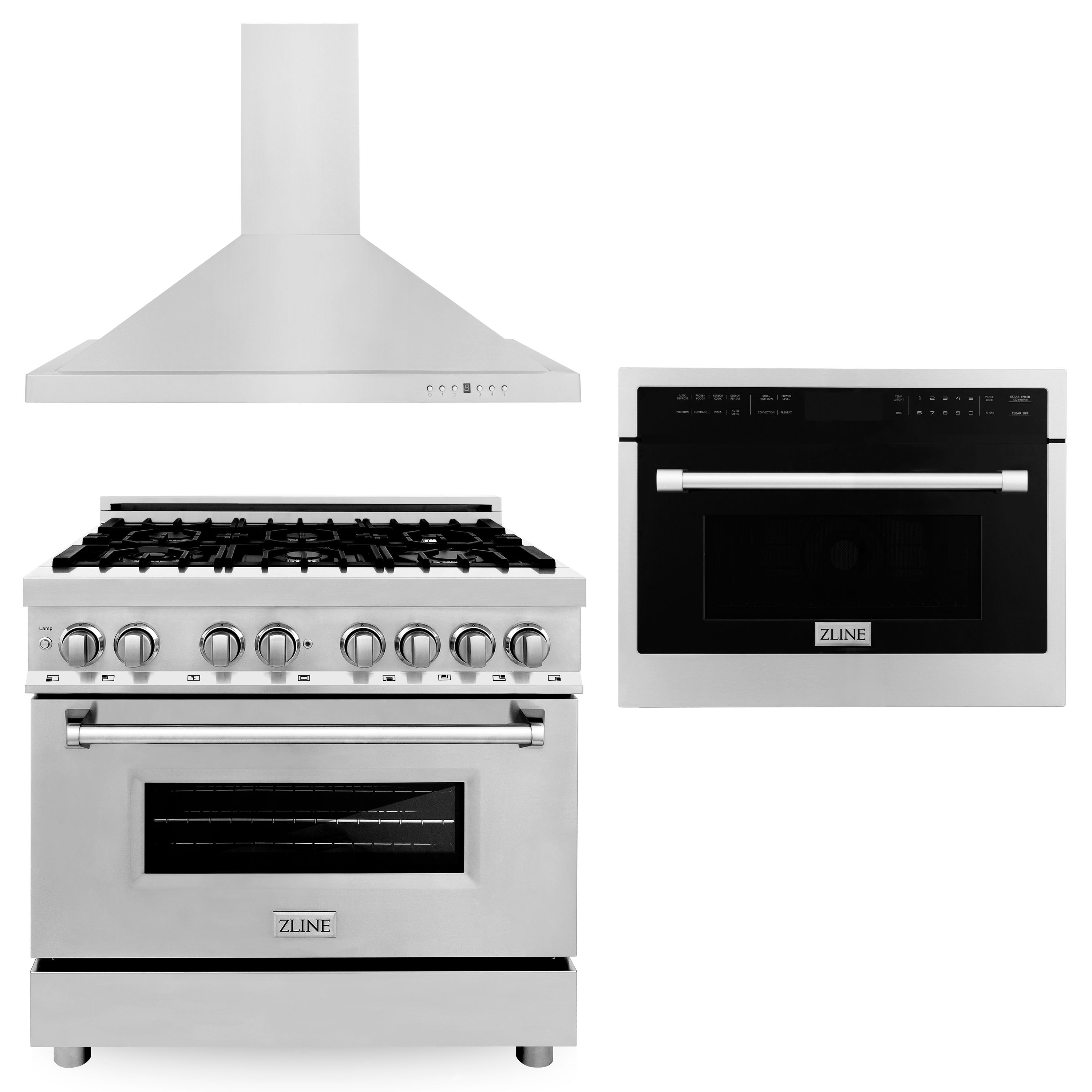 ZLINE 36" Kitchen Package with Stainless Steel Dual Fuel Range, Convertible Vent Range Hood and 24" Microwave Oven