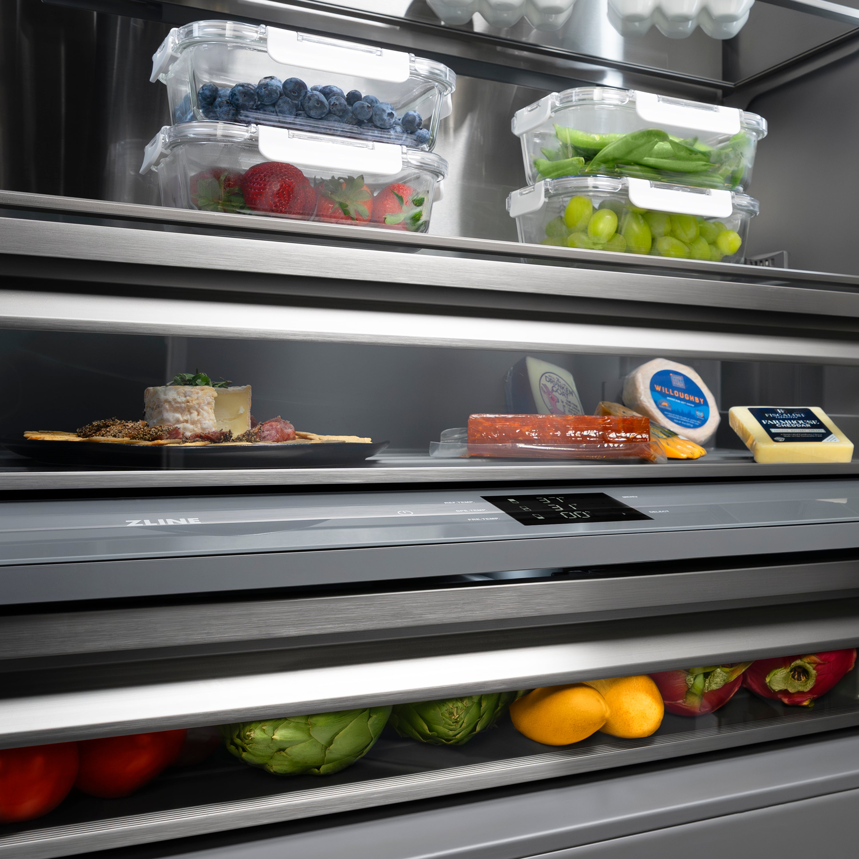 ZLINE Autograph Edition 30 in. 16.1 cu. ft. Built-In Bottom Freezer Refrigerator with Water Dispenser and Ice Maker in Black Stainless Steel with Graphite Gray Interior and Polished Gold Accents (GRBIVZ-BS-30-G)