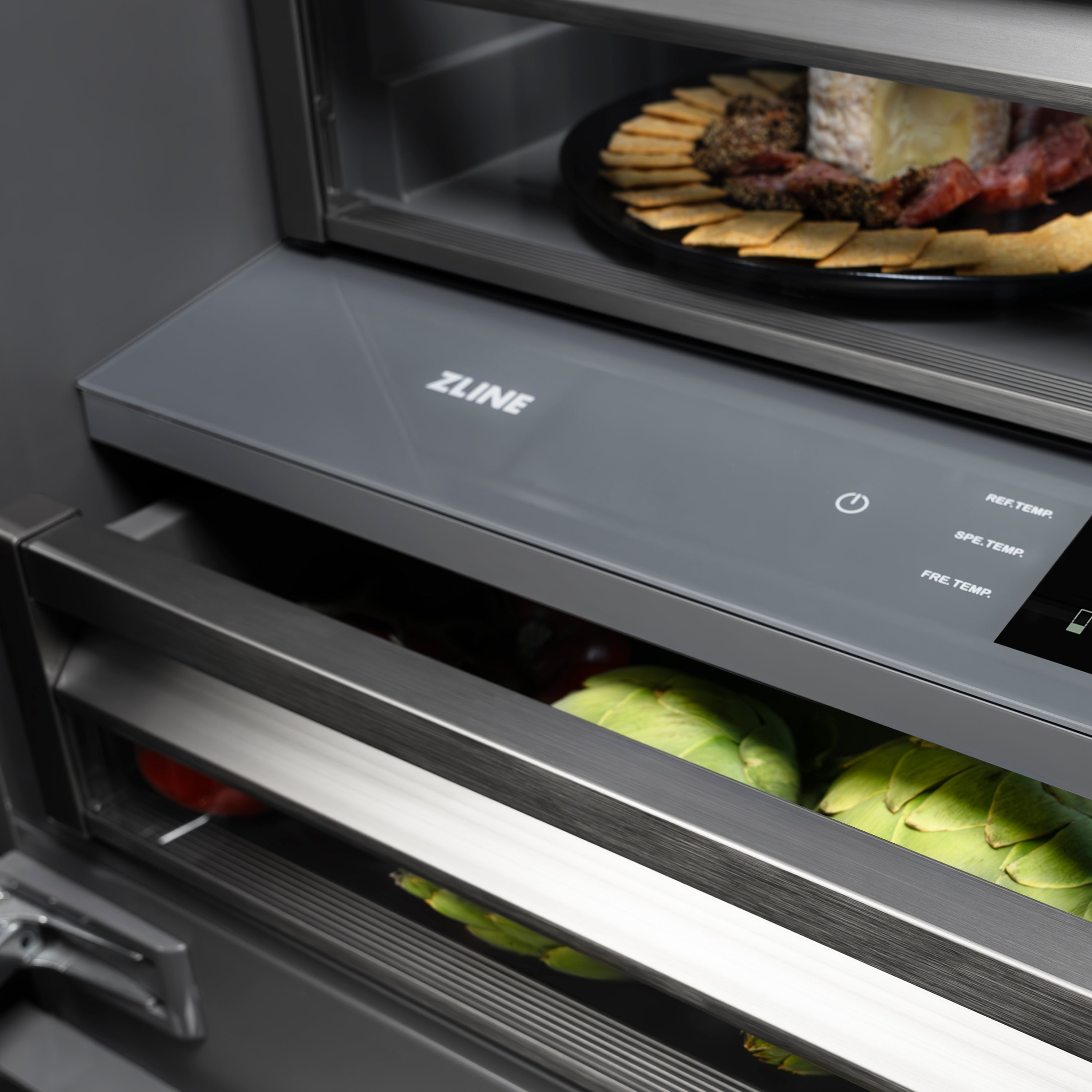 ZLINE Autograph Edition 30 in. 16.1 cu. ft. Built-In Bottom Freezer Refrigerator with Water Dispenser and Ice Maker in DuraSnow® Stainless Steel with Graphite Gray Interior and Matte Black Accents (GRBIVZ-SN-30-MB)