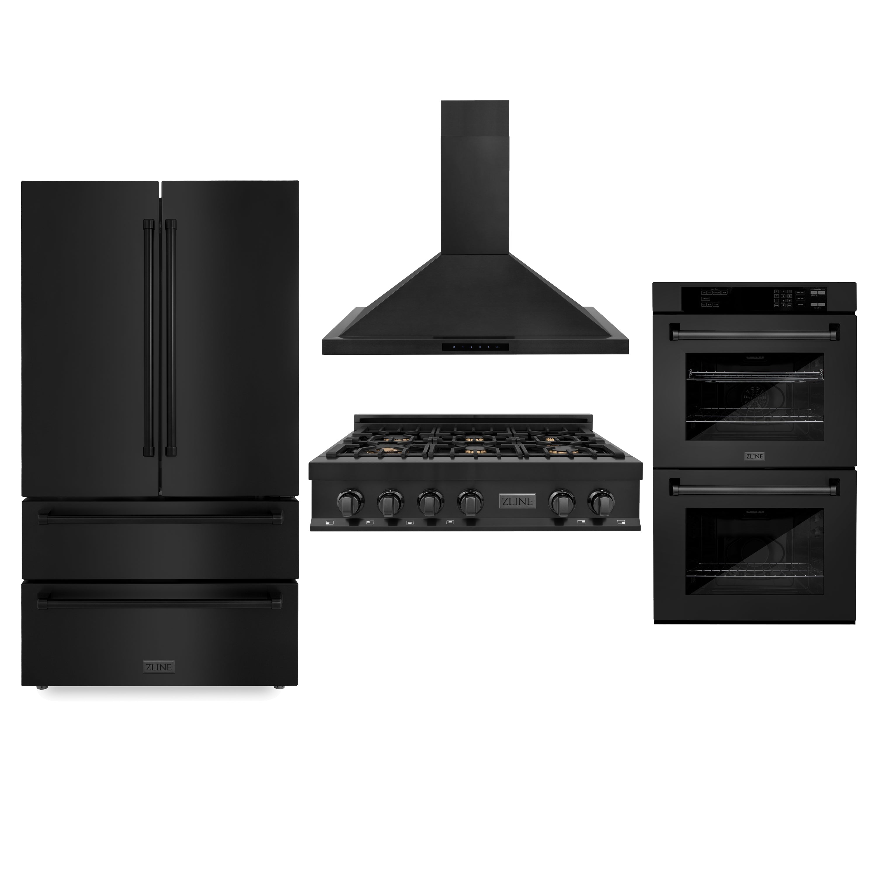ZLINE Kitchen Package with Black Stainless Steel Refrigeration, 36" Rangetop, 36" Range Hood and 30" Double Wall Oven