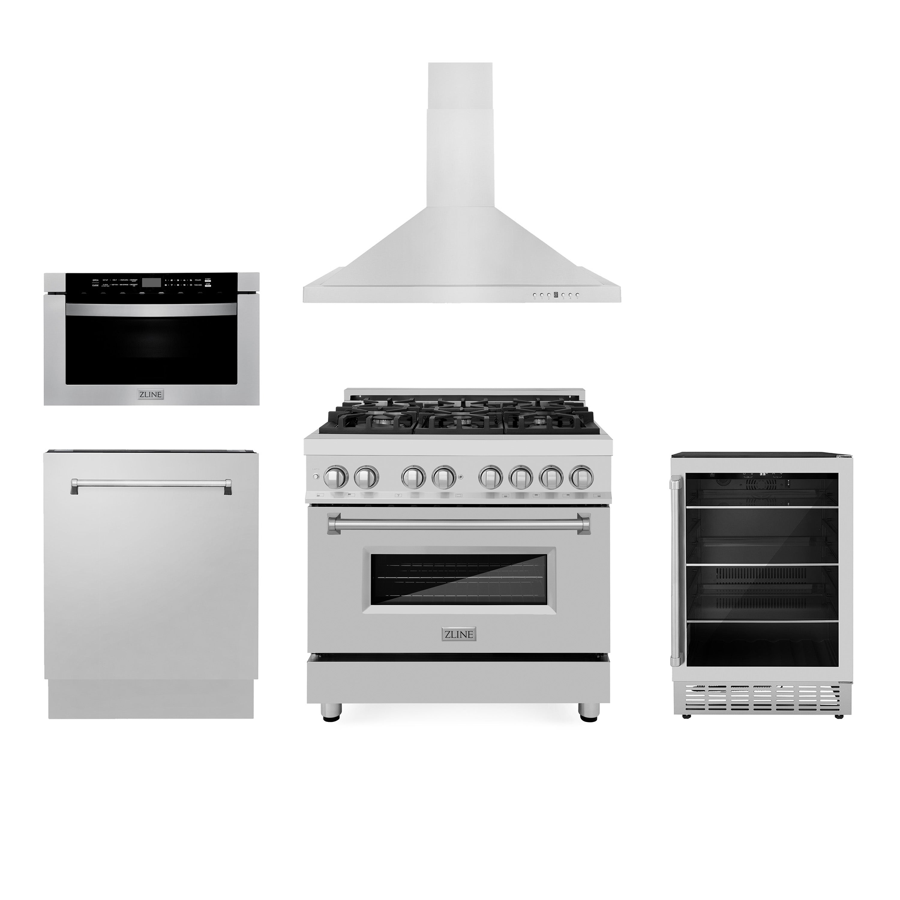 ZLINE 36" Kitchen Package with Stainless Steel Dual Fuel Range, Range Hood, Microwave Drawer, Tall Tub Dishwasher and Beverage Fridge
