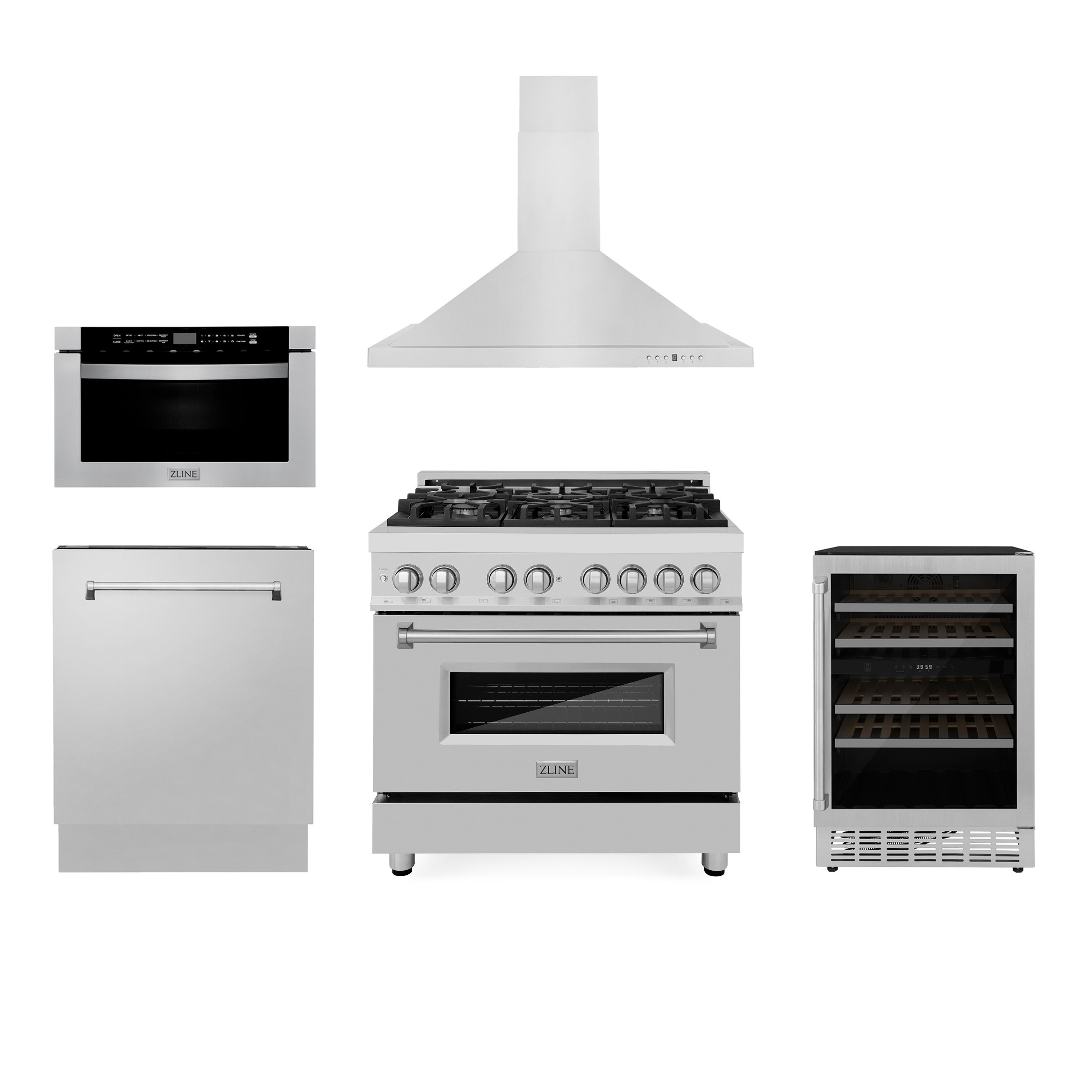 ZLINE 36" Kitchen Package with Stainless Steel Dual Fuel Range, Range Hood, Microwave Drawer, Tall Tub Dishwasher and Wine Cooler
