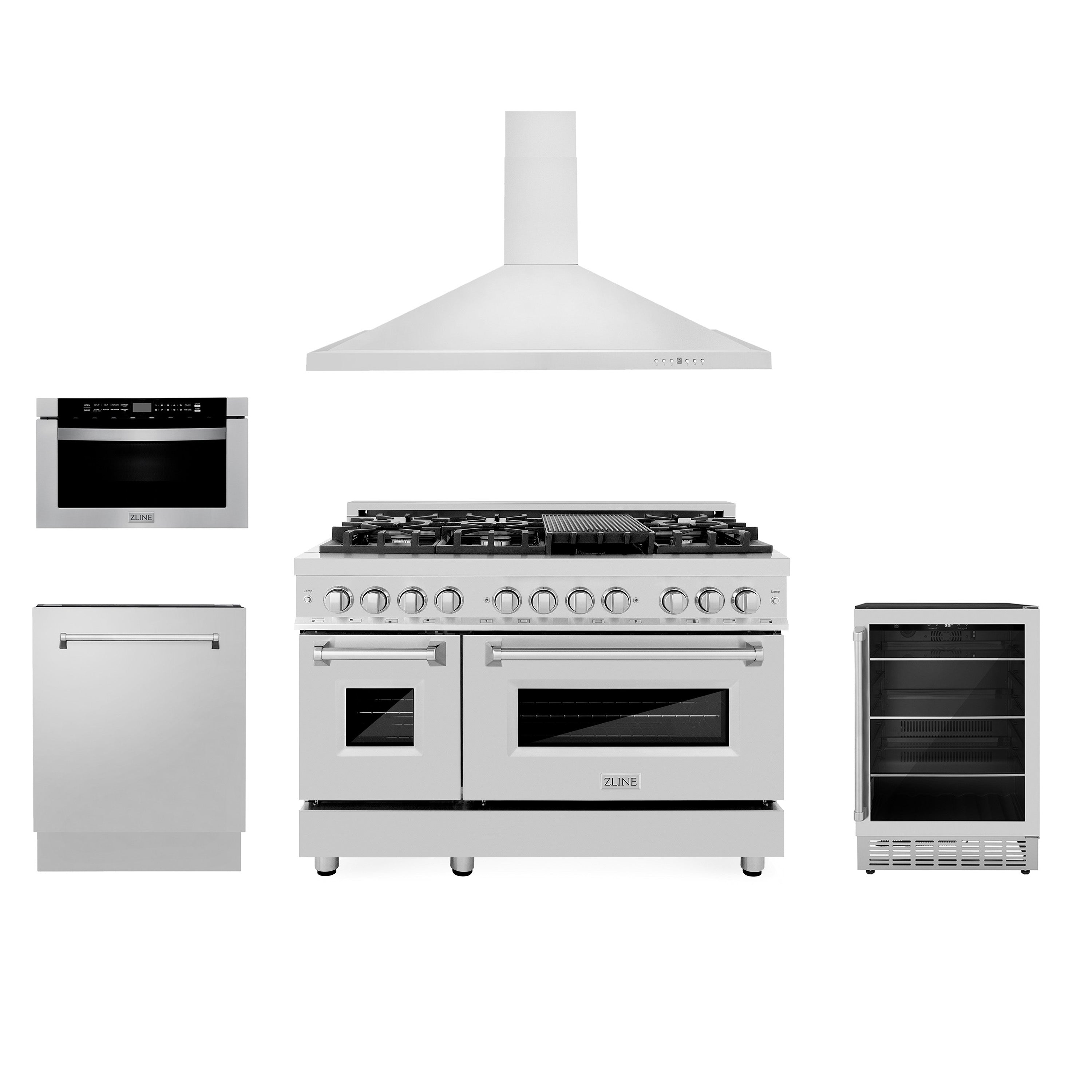 ZLINE 48" Kitchen Package with Stainless Steel Dual Fuel Range, Range Hood, Microwave Drawer, Tall Tub Dishwasher and Beverage Fridge