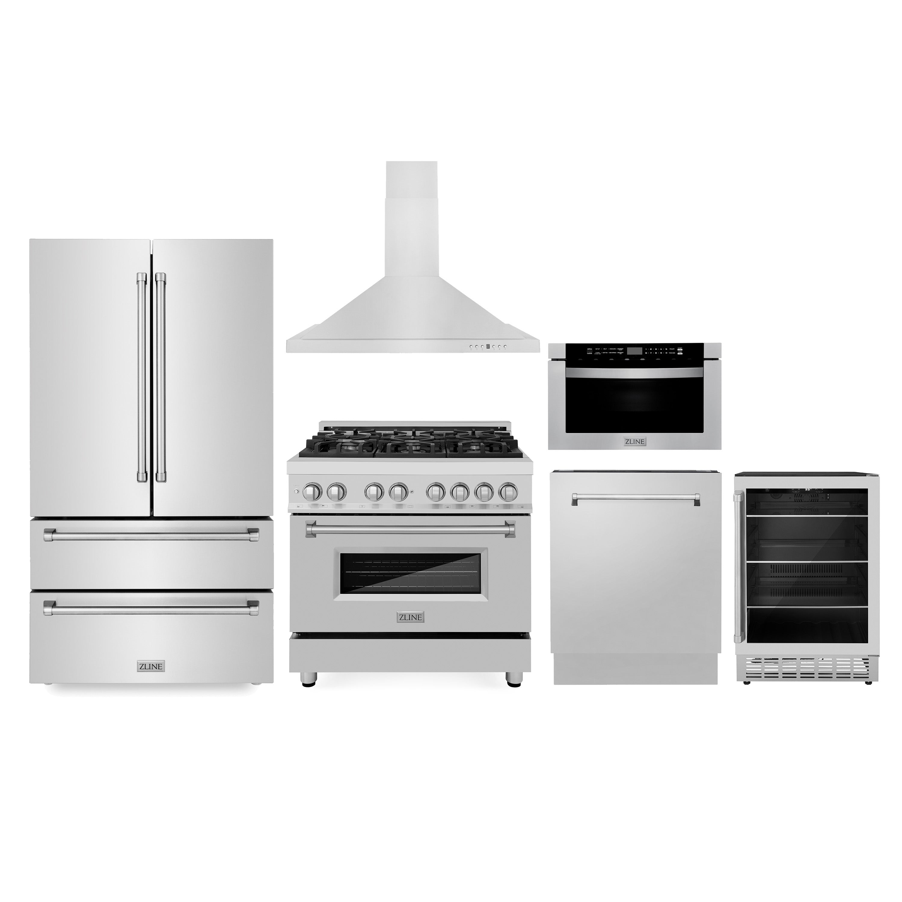ZLINE Kitchen Package with Refrigeration, 36" Stainless Steel Dual Fuel Range, 36" Range Hood, Microwave Drawer, 24" Tall Tub Dishwasher and Beverage Fridge