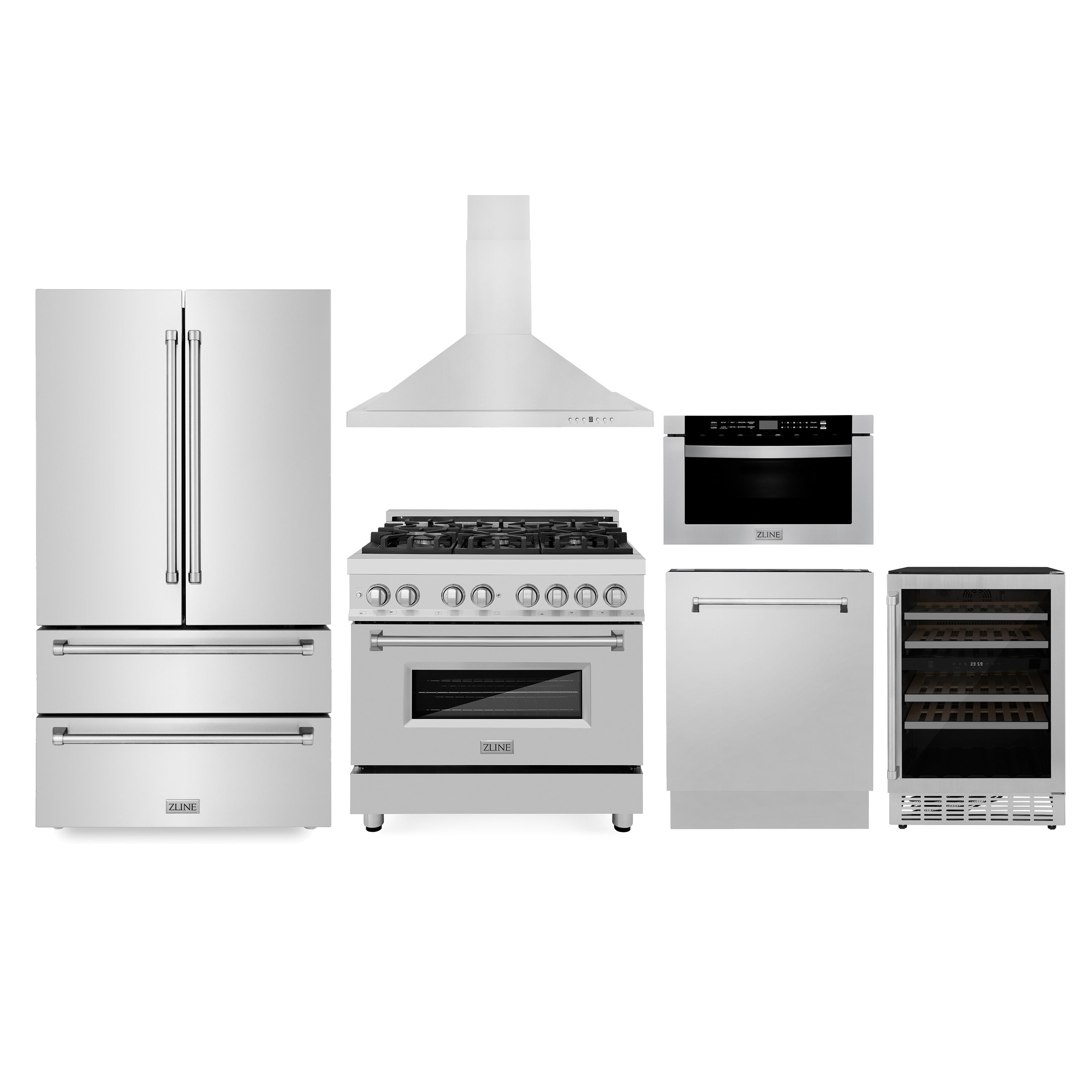 ZLINE Kitchen Package with Refrigeration, 36" Stainless Steel Dual Fuel Range, 36" Range Hood, Microwave Drawer, 24" Tall Tub Dishwasher and Wine Cooler