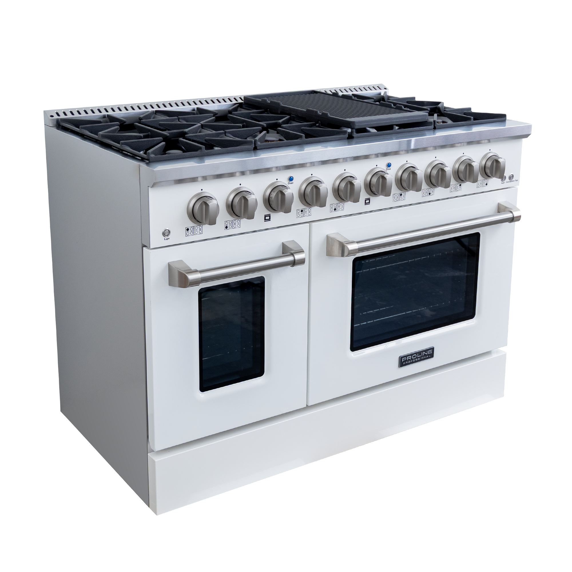 Proline Range Hoods PLSR 48GG, glossy white 48" range with 8 burners, dual ovens, griddle—viewed angled. ProlineRangeHoods.com.