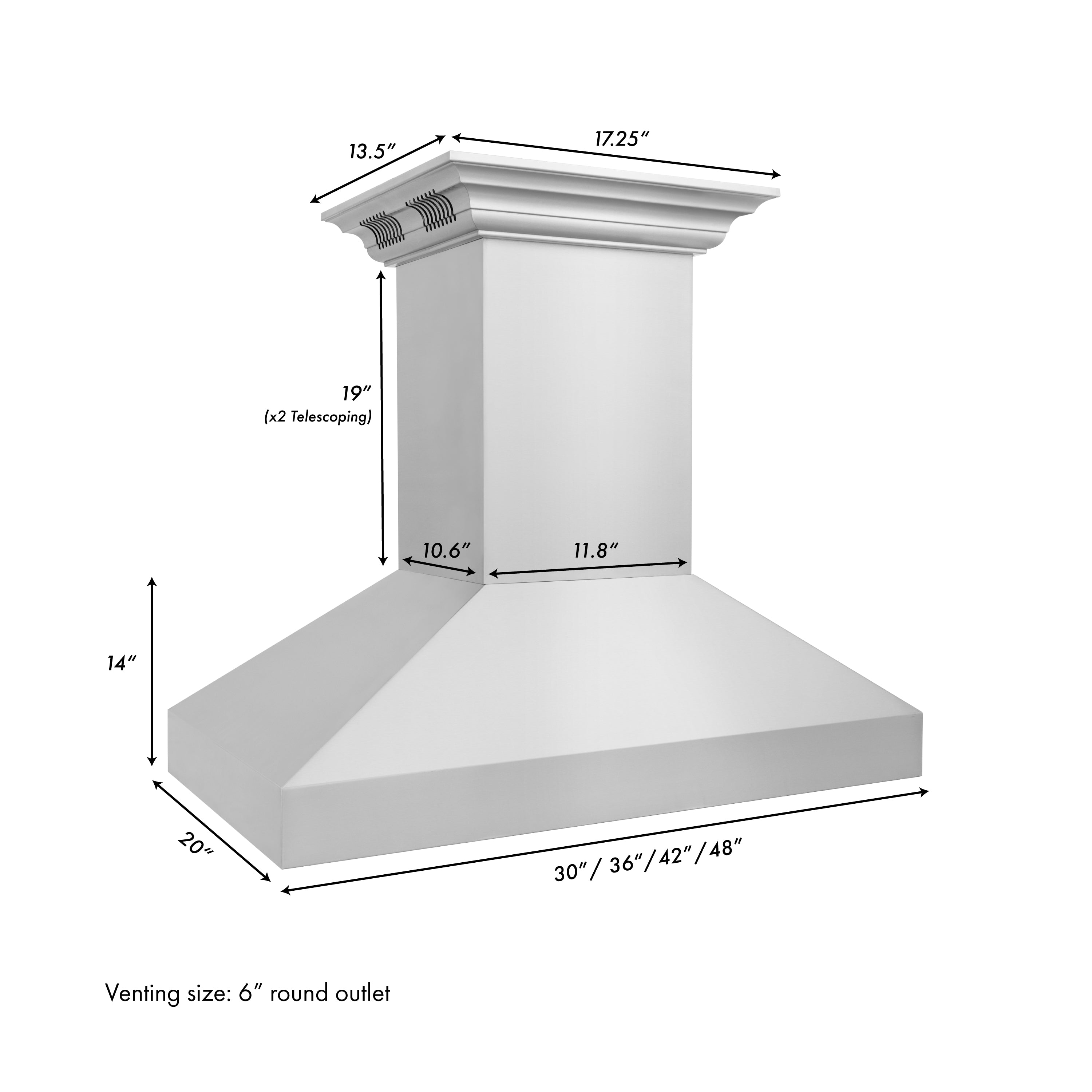 36 in. ZLINE CrownSoundâ¢ Ducted Vent Island Mount Range Hood in Stainless Steel with Built-in Bluetooth Speakers (597iCRN-BT-36)