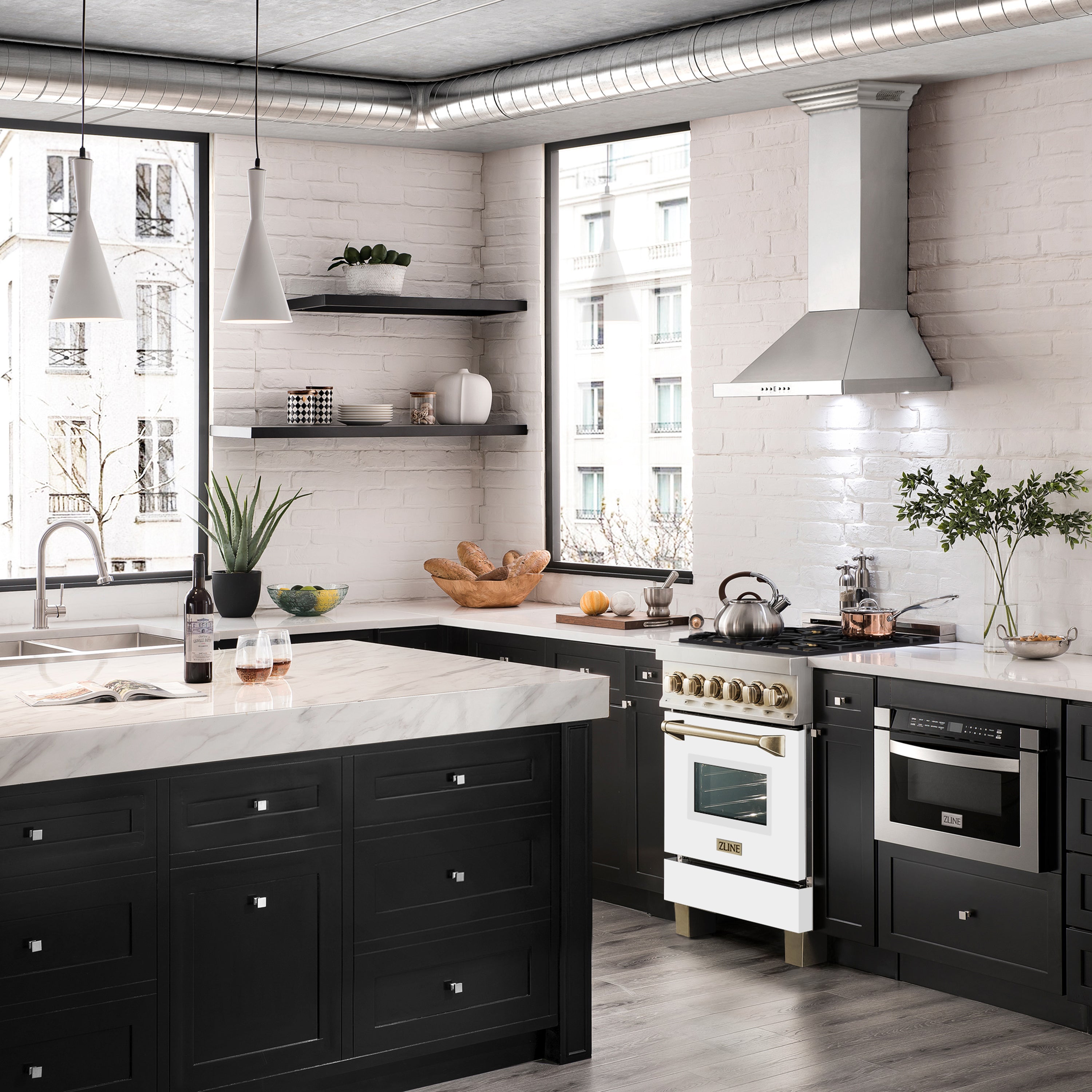 ZLINE Autograph Edition 24 in. 2.8 cu. ft. Legacy Dual Fuel Range with 4 Burner Gas Cooktop and Electric Convection Oven in Stainless Steel and Champagne Bronze Accents (RAZ-24-CB)