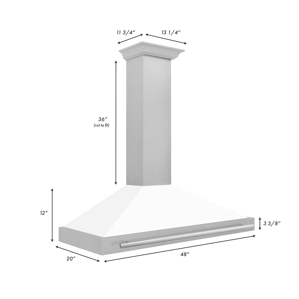 ZLINE 48 in. Convertible Satin Stainless Steel Wall Mount Range Hood with White Matte Shell and Stainless Steel Handle (KB4SNX-WM-48)