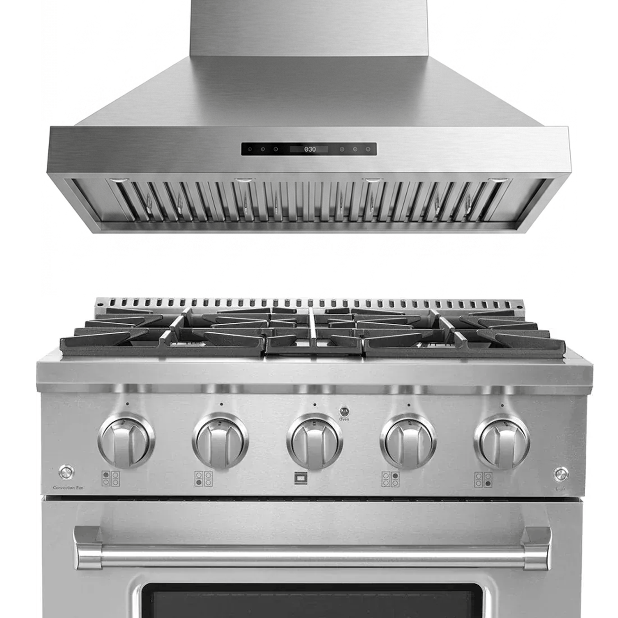 Save 10% on ProlineRangeHoods.com: PLSR 30" Gas Range + PLSW King Air Hood, six burners, modern knobs.