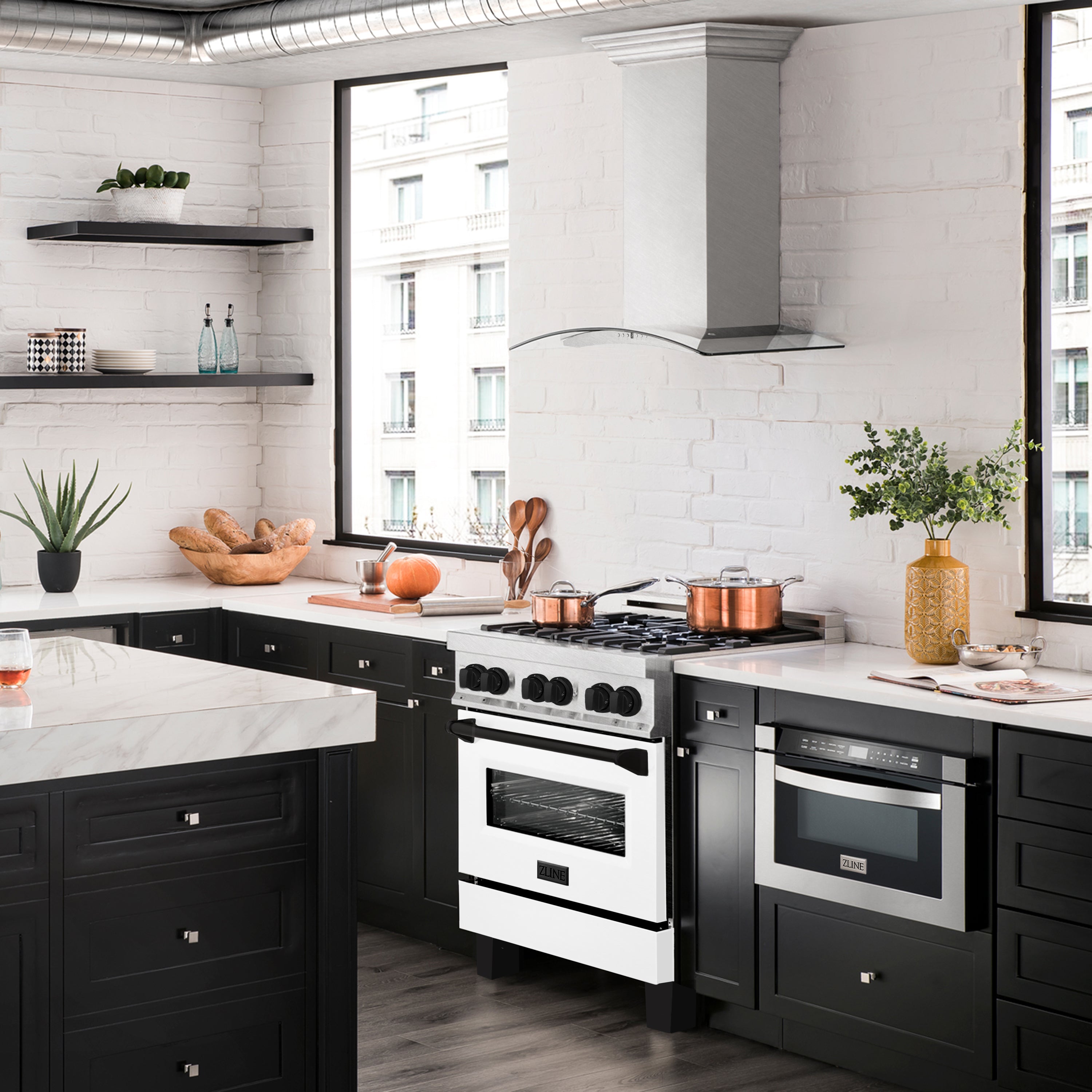 ZLINE Autograph Edition 30 in. 4.0 cu. ft. Legacy Dual Fuel Range with 4 Burner Gas Cooktop and Electric Convection Oven in Satin Stainless Steel with White Matte Door and Matte Black Accents (RASZ-WM-30-MB)