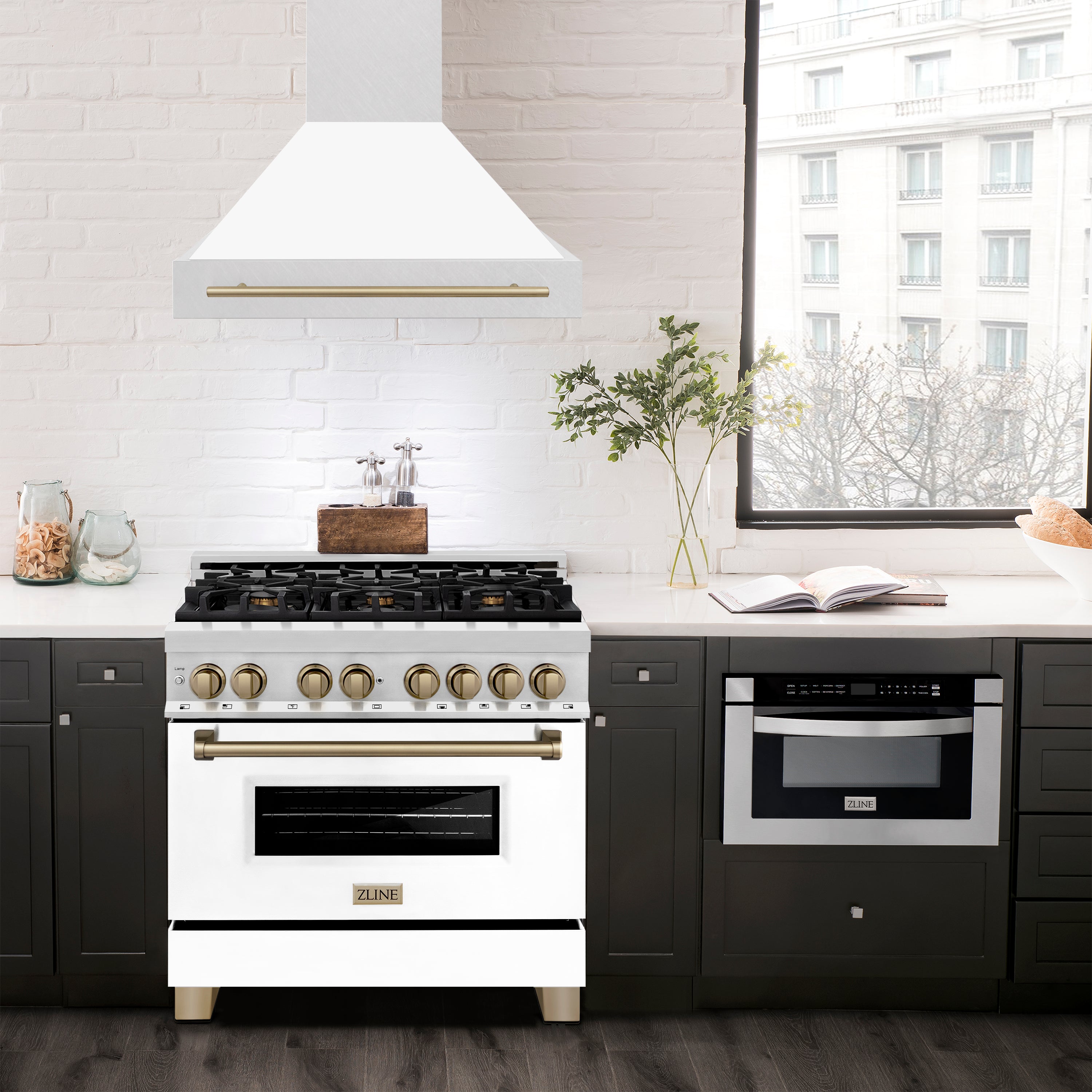 ZLINE Autograph Edition 36 in. Satin Stainless Steel Wall Mount Range Hood with White Matte Shell and Champagne Bronze Handle (8654SNZ-WM36-CB)