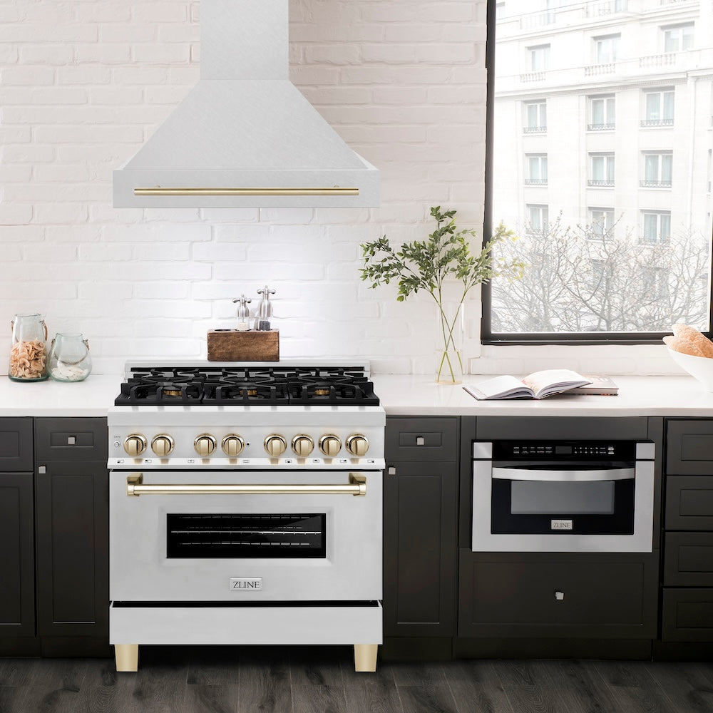 ZLINE Autograph Edition 36" Fingerprint Resistant Stainless Steel Range Hood with Polished Gold Handle (8654SNZ-36-G)