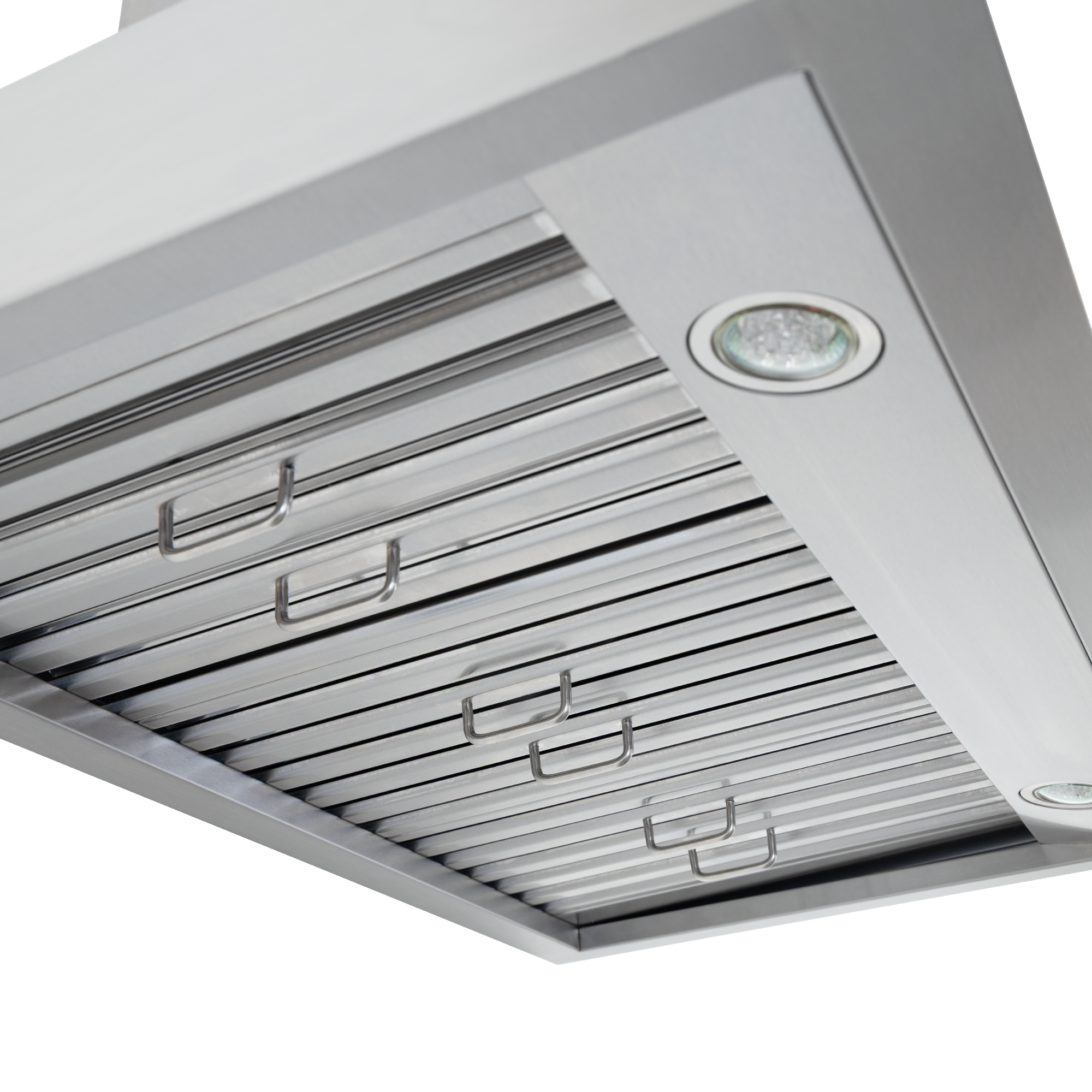 Proline King Air SS wall-mounted range hood with slatted filters, LED lights, 550/1200 CFM. ProlineRangeHoods.com.