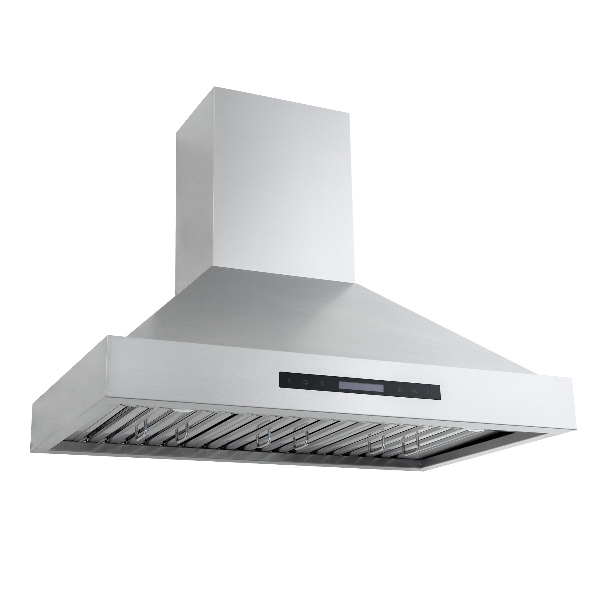 Proline King Air wall-mounted stainless range hood with control panel, 550/1200 CFM—shown at an angle. ProlineRangeHoods.com.