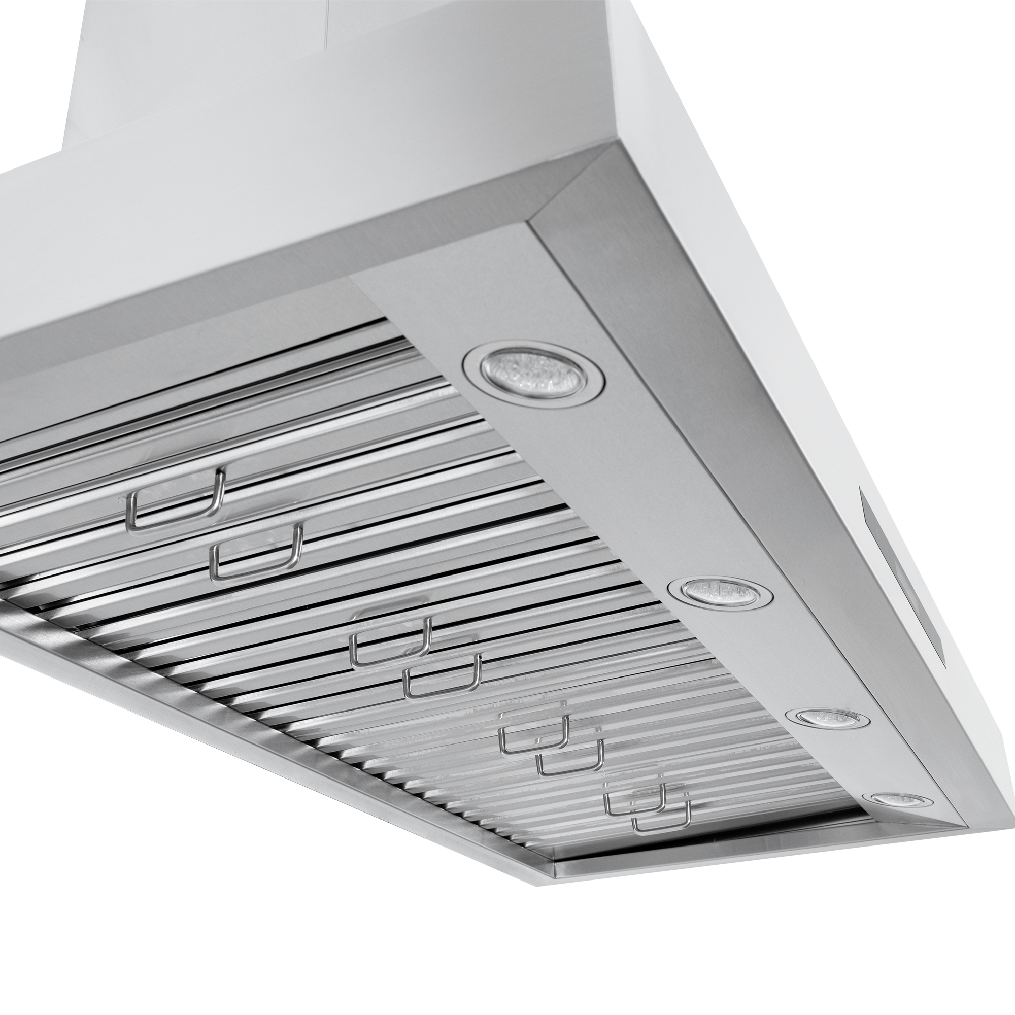 The Proline King Air wall-mounted range hood, 550/1200 CFM, lights, metal filters—see ProlineRangeHoods.com.