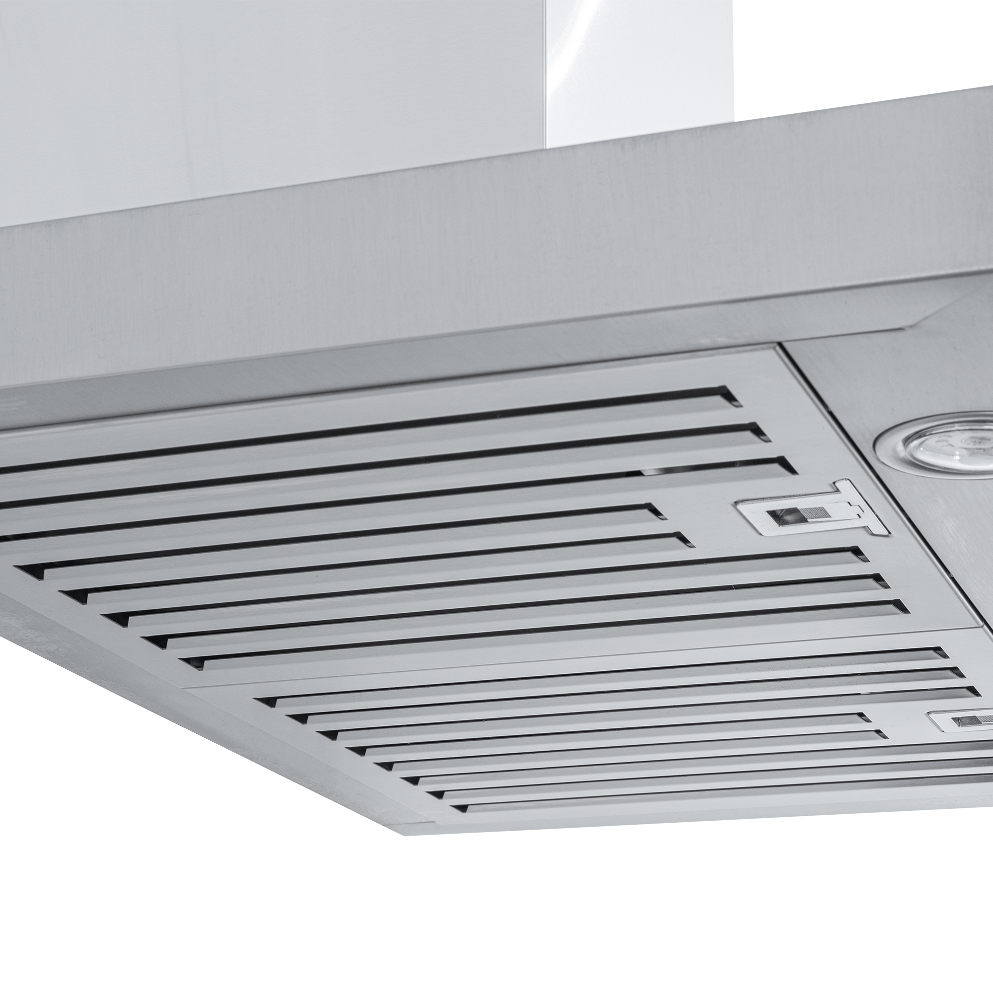 Close-up of Proline PLFW 750 Range Hood, stainless finish, vent grates, light; ProlineRangeHoods.com.