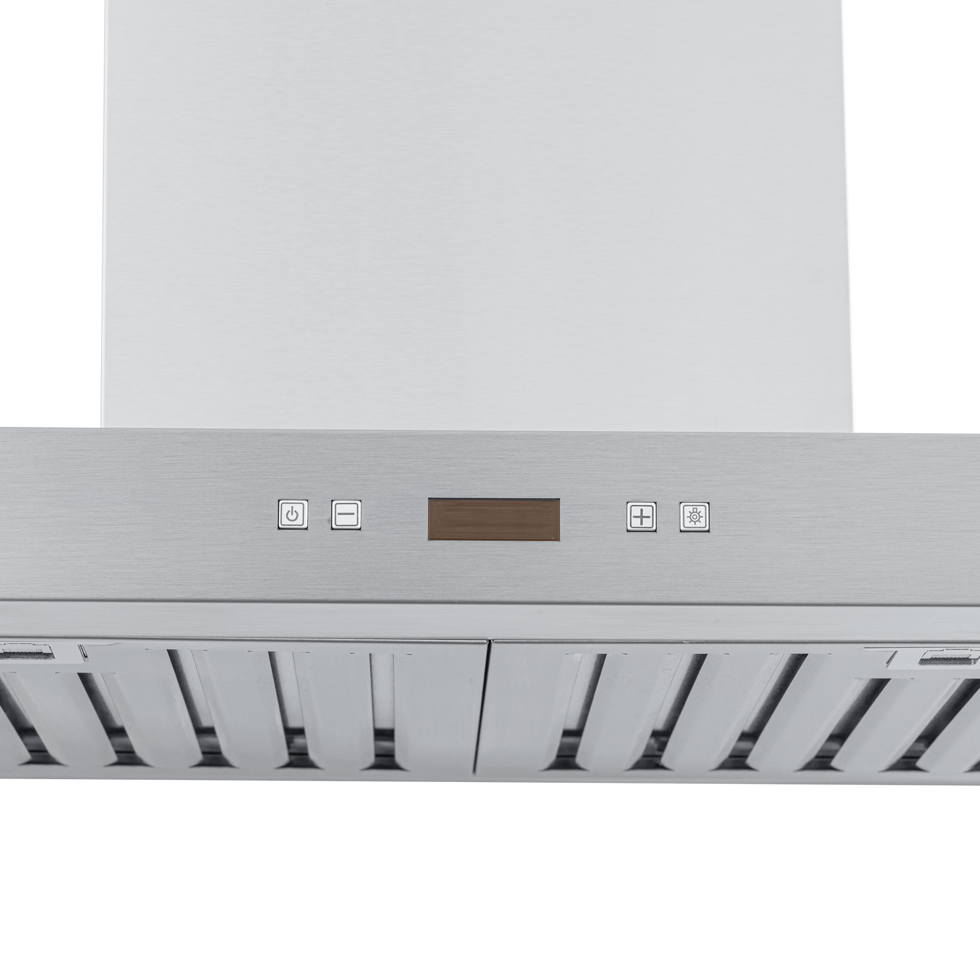Proline PLFW 750 wall-mounted range hood: stainless steel, digital display, 900/1100 CFM. ProlineRangeHoods.com.