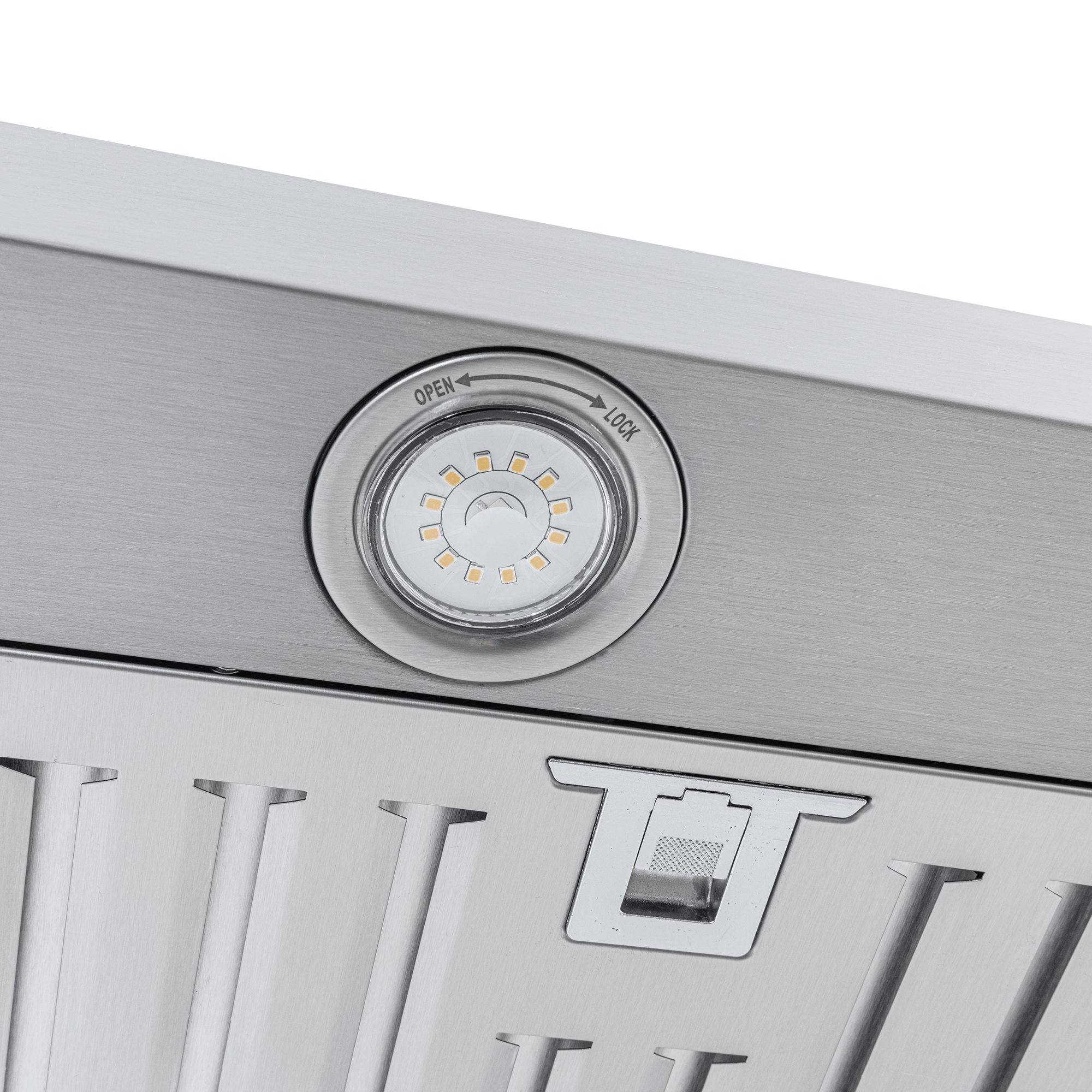Close-up of Proline PLFW 750 range hood in stainless steel with LED control, vents, 900/1100 CFM—ProlineRangeHoods.com.