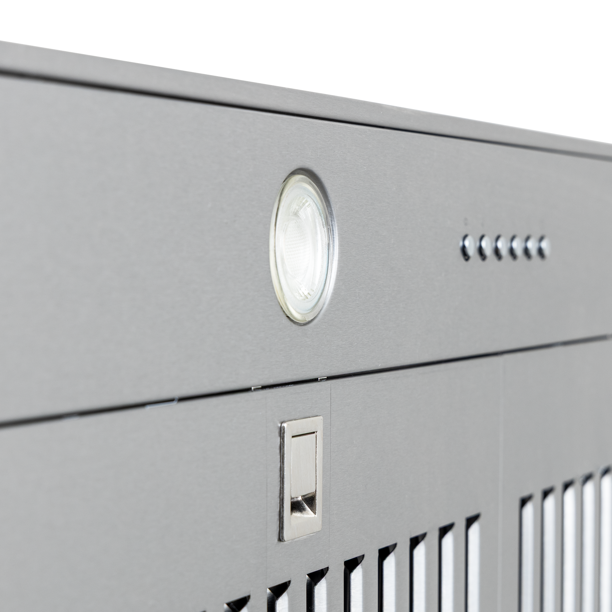 Close-up of Proline PLGL 185 Slim Range Hood in gray stainless steel, round light, buttons, lock. ProlineRangeHoods.com.