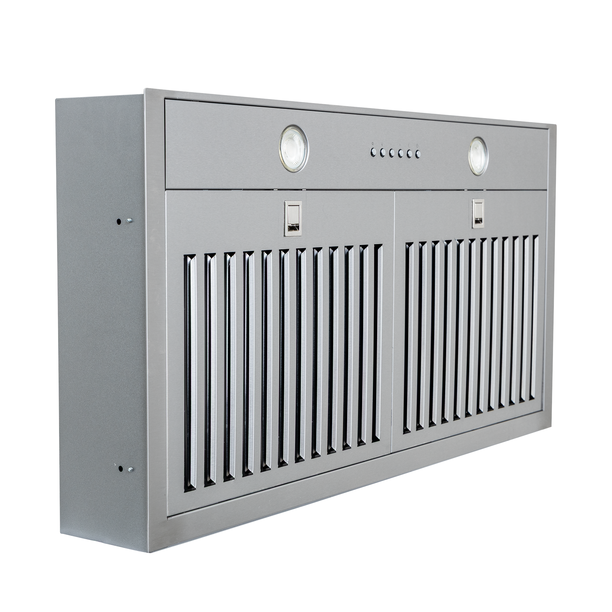 ProlineRangeHoods.com PLGL 185 Slim Range Hood, 600 CFM, 28" or 34", dishwasher-safe filters, buttons, lights, angled view.